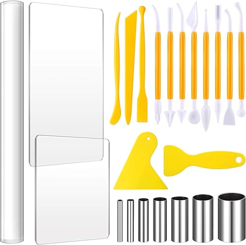 Honoson Juego de 24 herramientas de escultura de arcilla, herramientas de arcilla polimérica, juego de bricolaje con rodillo, hoja acrílica, tablero