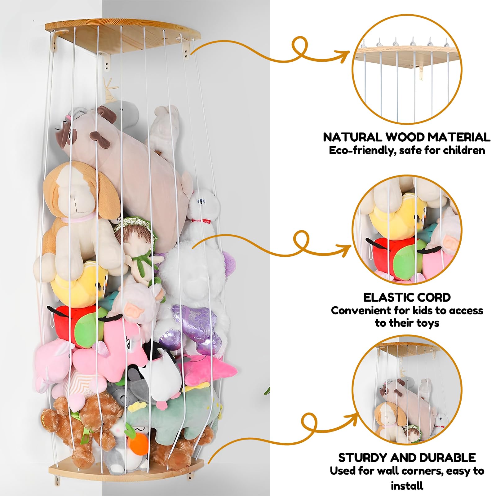 Mabahoo Opslag van knuffeldieren, houten hoek speelgoed organizer plank voor pluche speelgoed, verstelbare opslag voor kinderspeelgoed voor kinderkamer speelkamer slaapkamer kinderkamer
