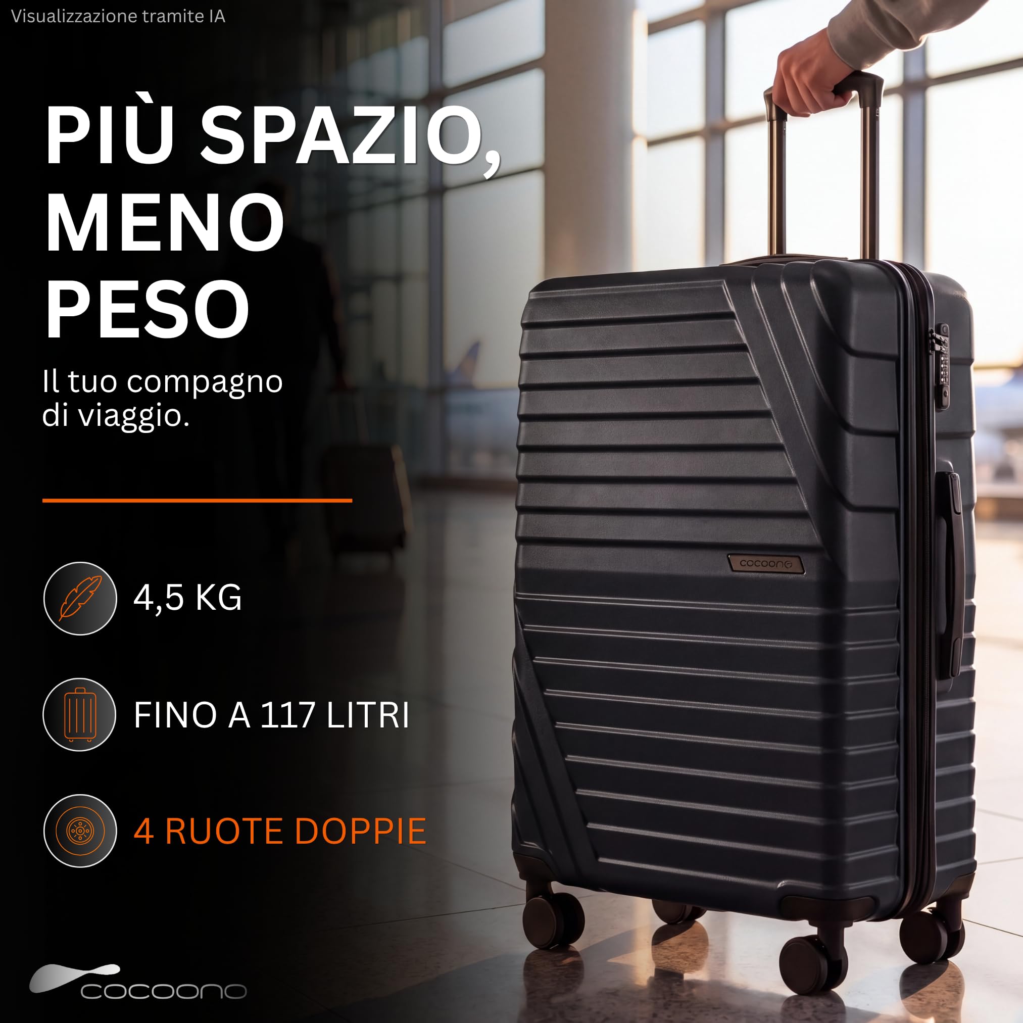Cocoono Capienza 100-117 litri espandibile con soffietto, 78x50x30 cm, 4 doppie ruote girevoli a 360 gradi, lucchetto TSA integrato Trolley rigido (Nero, XL)