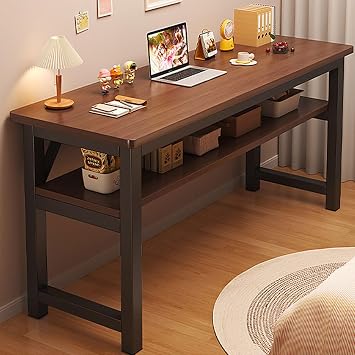 Modern Simple Wood Computer Desk,Rustic Writing Study Table Gaming Home Office Desk,Executive Work Desk Workstation for Bedroom Study Room,with Double-Layer Storage ShelfBrown,120cm/47in