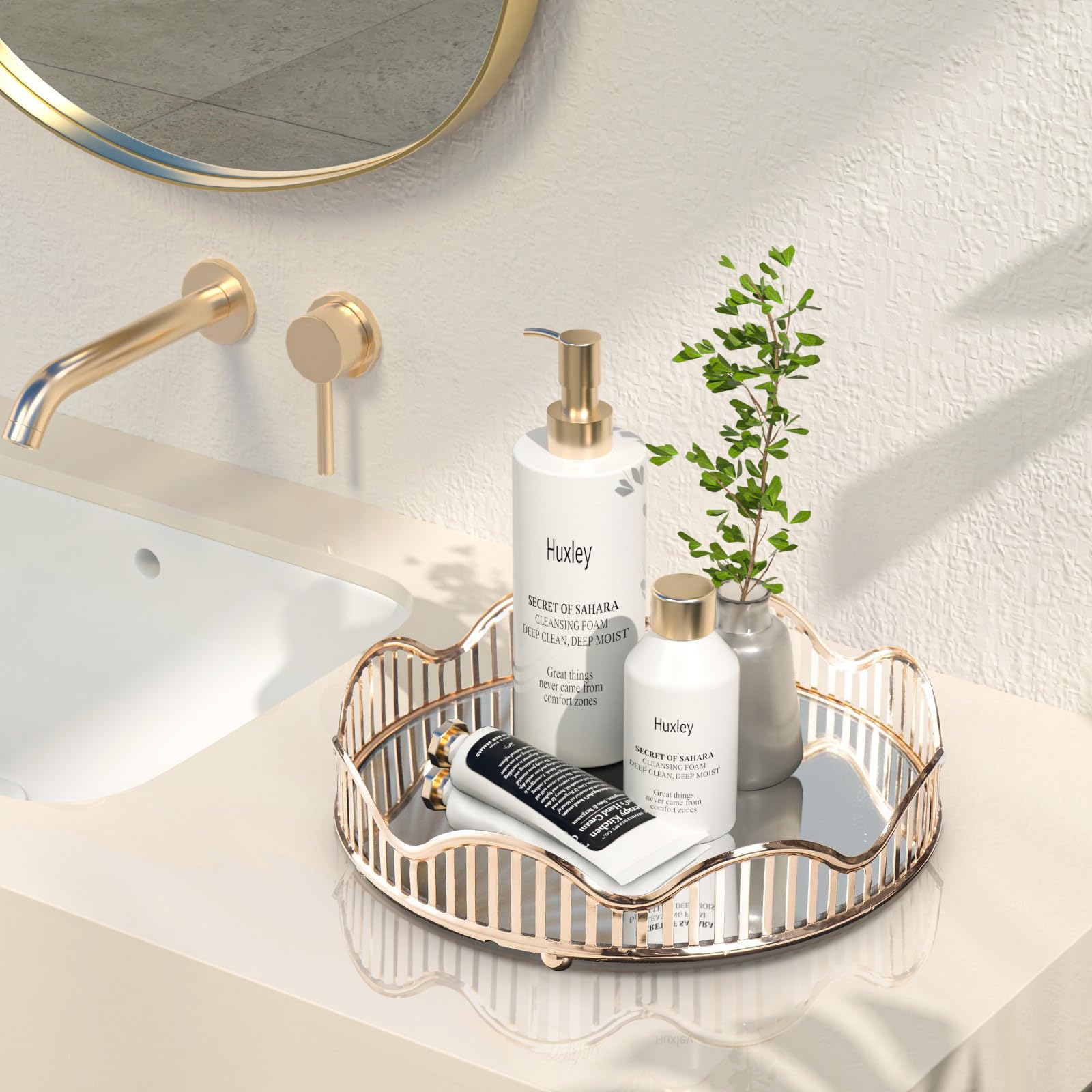 XINFUHUA Mirror Tray, Vanity Trays for Bedroom Dresser, Glass Perfume Mirrored Tray for Vanity, Gold Glass Vanity Tray Home Decor for Dresser Tops, Mirror Vanity Tray for Perfume (Gold, L)