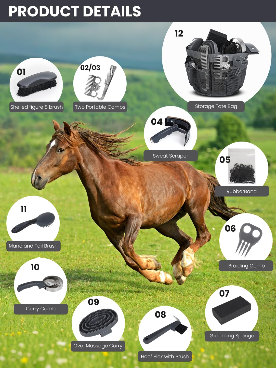 Pferdepflegeset, 12-teiliges Set – komplettes Pferdebürsten & Pflegebedarf-Set mit Organizer-Tragetasche, Pferdefellpflege-Werkzeug, Ausrüstung und Geschenke für Pferdebesitzer und -liebhaber