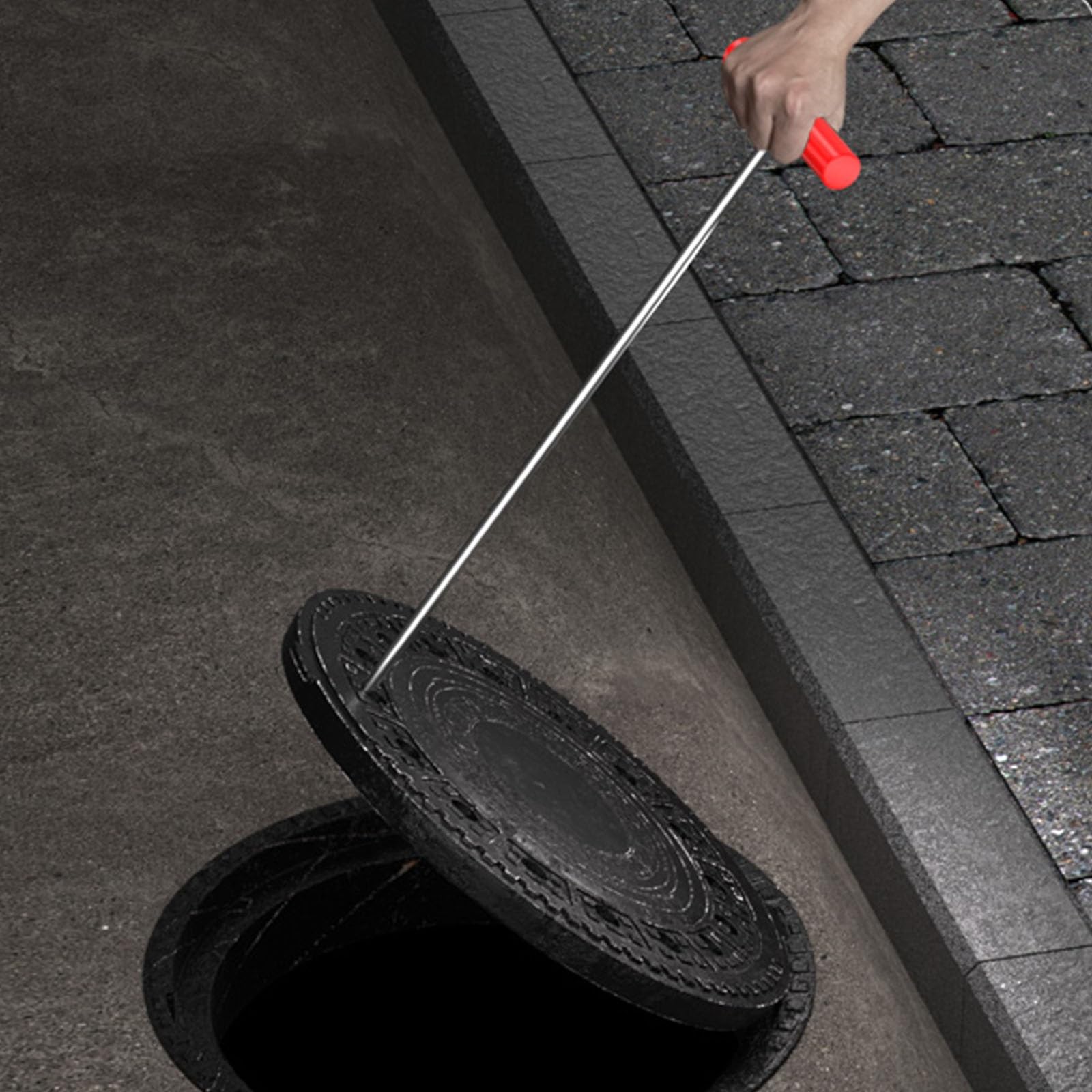 LZMZMQ Portable Manhole Hook with Red Rubber Sleeve, 11 19 26 38 in Manhole Puller Lift, Manhole Pulley for Lifting/Pulling/Removing Covers(Dia 8MM/0.31IN,L 58CM/22.8IN)