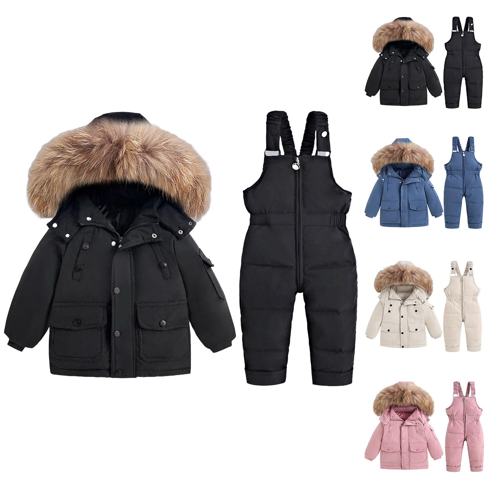 Schneeanzug Kinder Baby Süß Skianzug Daunenjacke Mit Kunstpelz Kapuze und Schneelatzhose 2tlg Verdickte Winterjacke Suit Bekleidungsset Mädchen Jungen Warme Winddichte Ski-Anzug