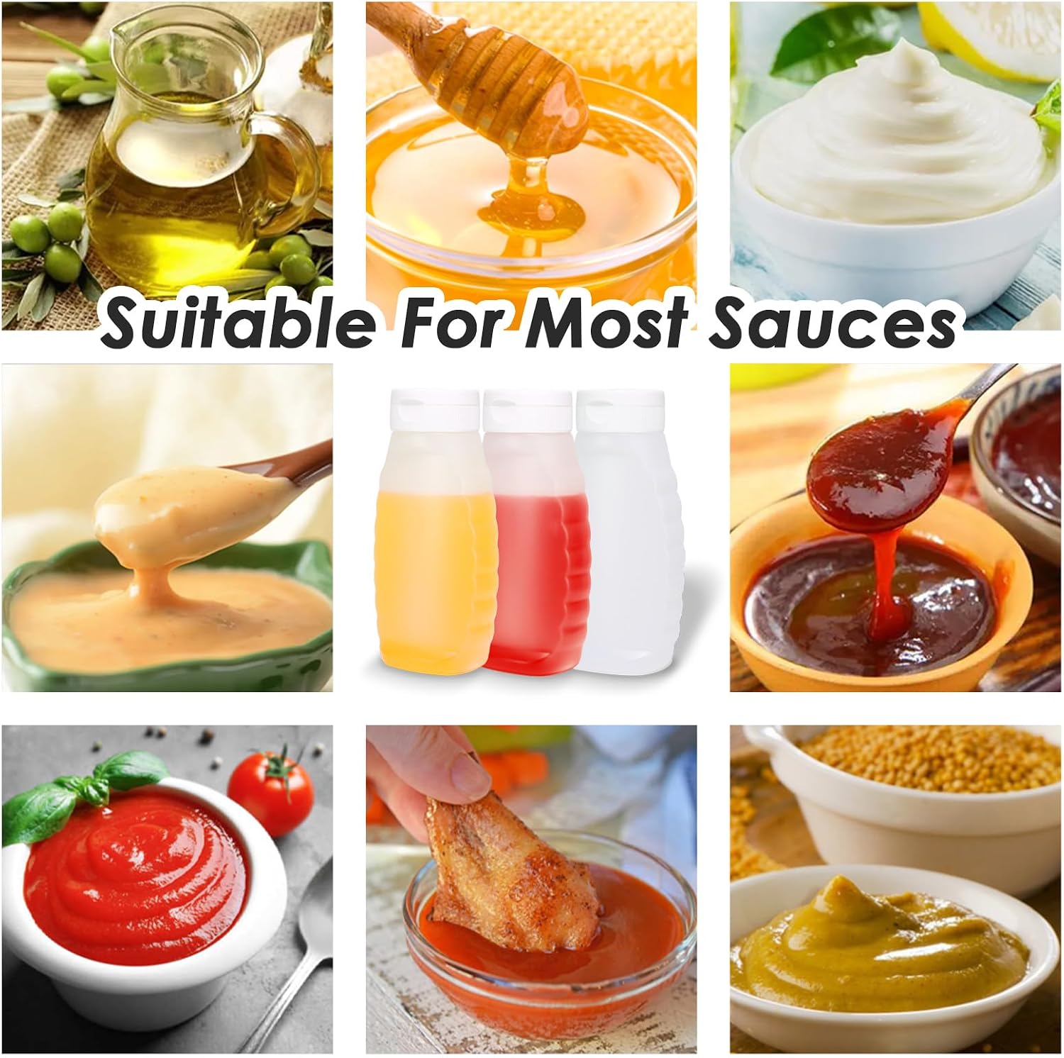 Condiment Squeeze Bottles for Ketchup Hot Sauce Liquids Oil with Caps for Condensed Milk and Mustard Salad Dressing Dispenser Clear Plastic Bottles Dressing Container HD PE BPA-free (14oz*3Pcs)