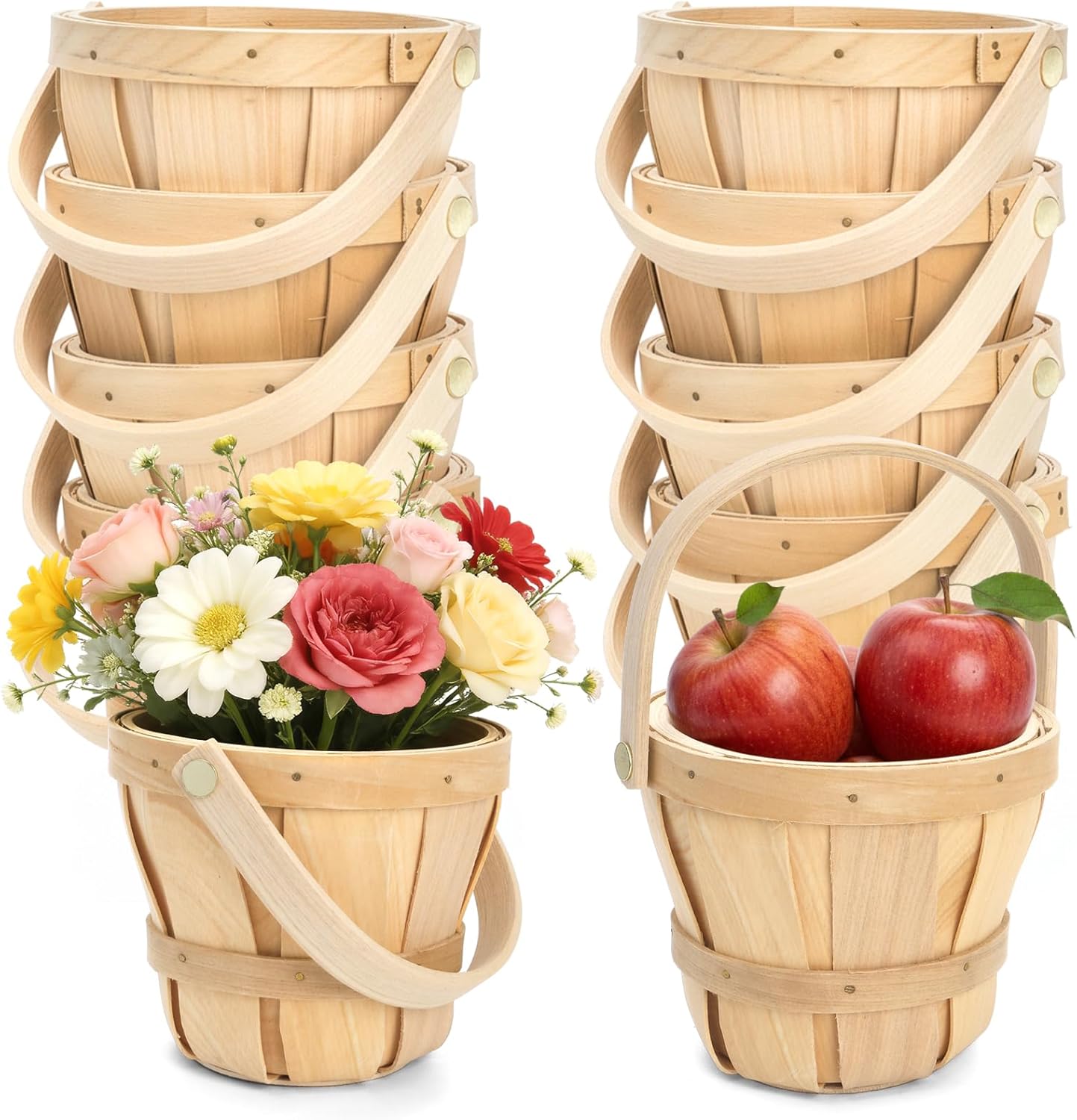 10 Pack Small Wooden Gift Basket, 4 x 4.7 Inch Round Woven Fruit Baskets Bulk, Mini Picnic Baskets with Handle for Easter Garden Picking Berry Vegetable Flower DIY Craft Wedding Party Home
