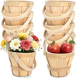 10 Pack Small Wooden Gift Basket, 4 x 4.7 Inch Round Woven Fruit Baskets Bulk, Mini Picnic Baskets with Handle for Garden Picking Berry Vegetable Flower DIY Craft Wedding Party Home Decor