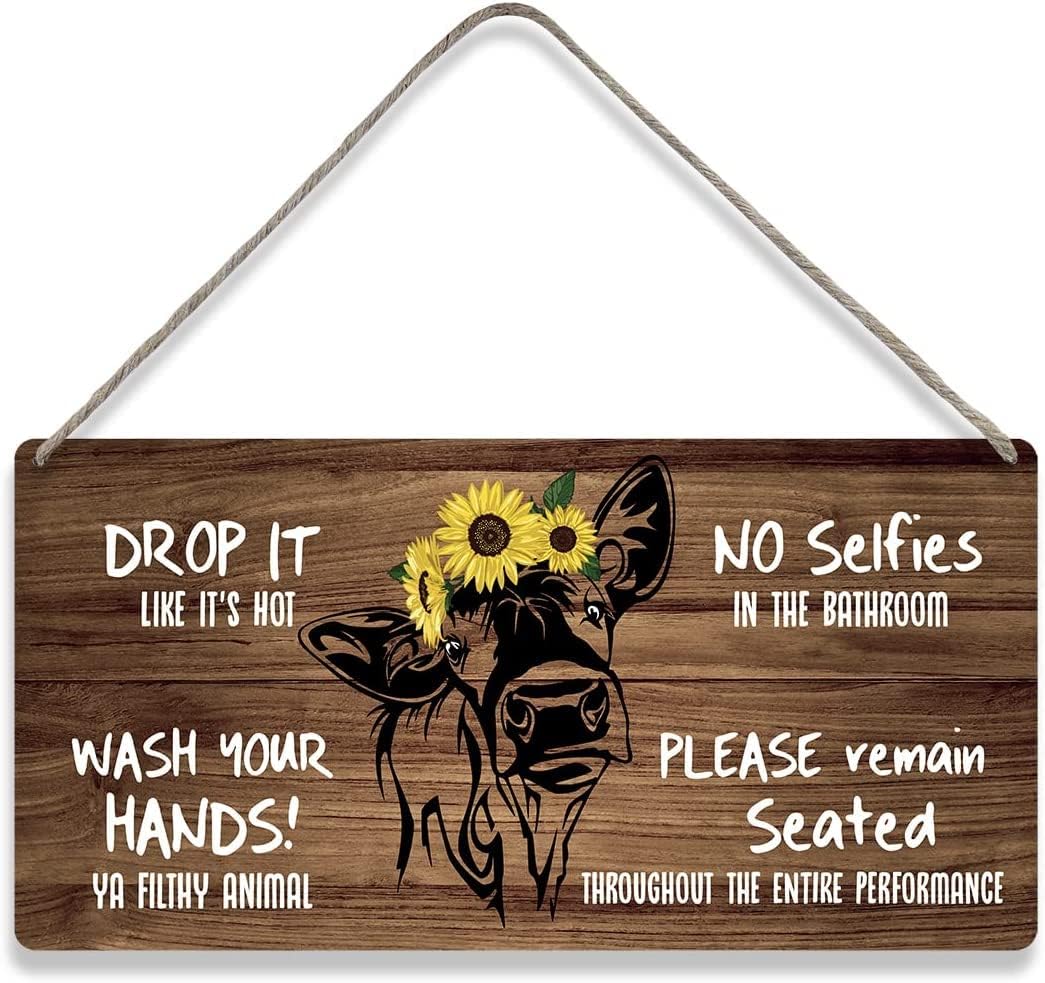 Country Style Bathroom Sayings Cow Sunflower Wall Decor Wooden Sign Funny Rustic Hanging Wall Plaque Sign Home Toilet Decor Present 10 x 5 Inches