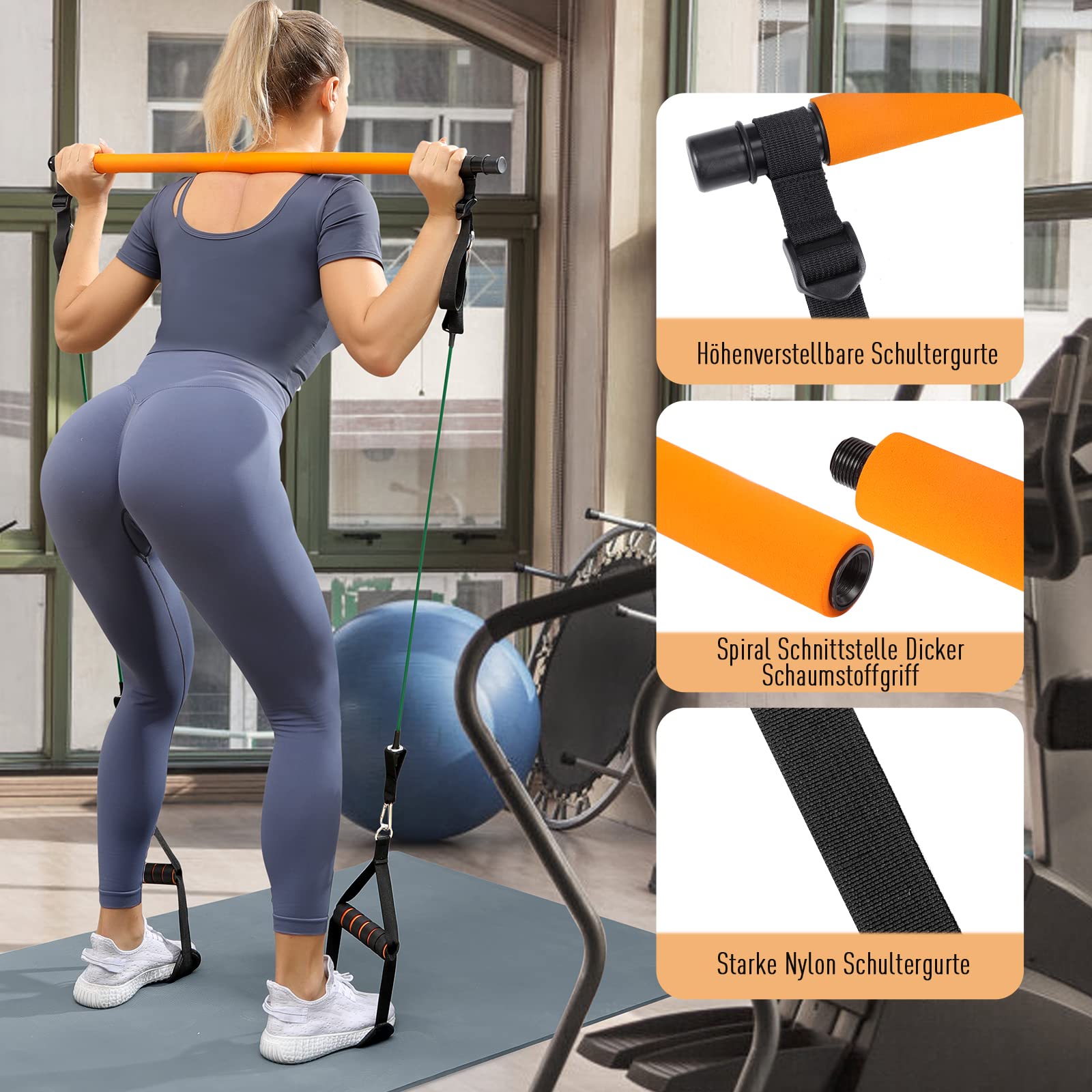 Pilates Bar Mit Widerstandsbändern – Tragbares Fitness-Set Für Zuhause, Mit Stange, 3 Bändern & Trainingsposter