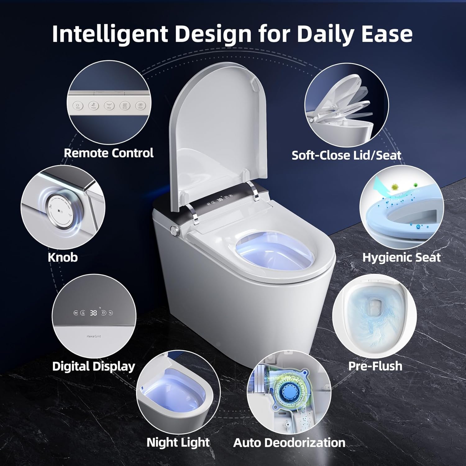 Smart Toilet with Built-in Tank and Pump - Foot Sensor Open Lid & Seat, Automatic Flush Bidet Toilet, Elongated One Piece Electric Toilet with Heated Seat, Instant Warm Water, Air Dryer
