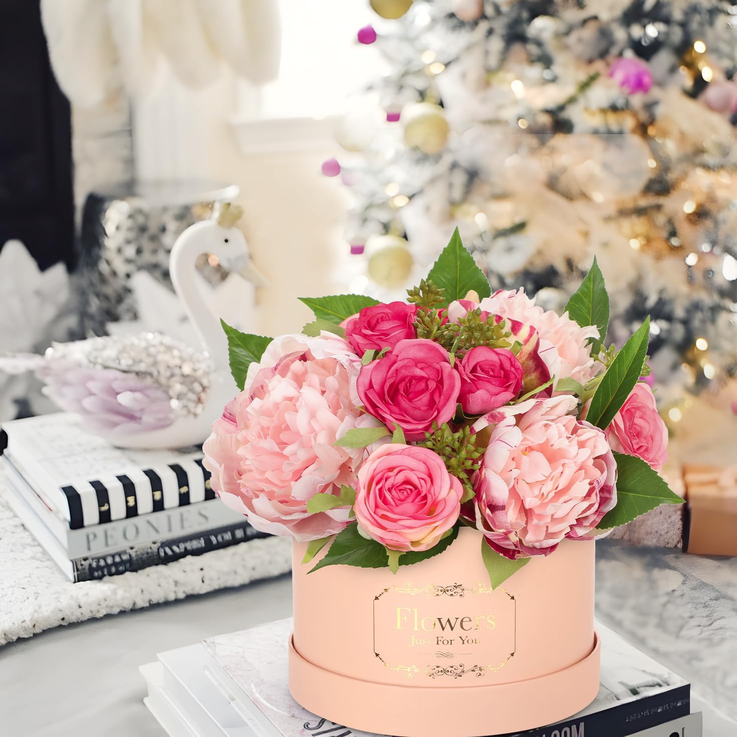 Hollyone Pink Peonies Roses Artificial Flowers in Vase Round Gift Boxes with Fake Flowers Arrangements Faux Flowers Floral in Box Vase for Her Mothers' Day Valentine's Day Christmas Birthday Gift