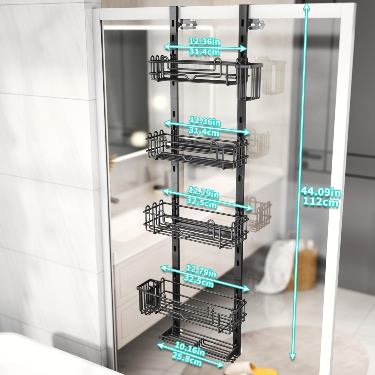 HapiRm 5 Tier Over the Door Shower Caddy, Hanging Shower Caddy with 28 Hooks and 2 Toothbrush Holders, No Drilling Adjustable Hanging Bathroom Organizer - Black