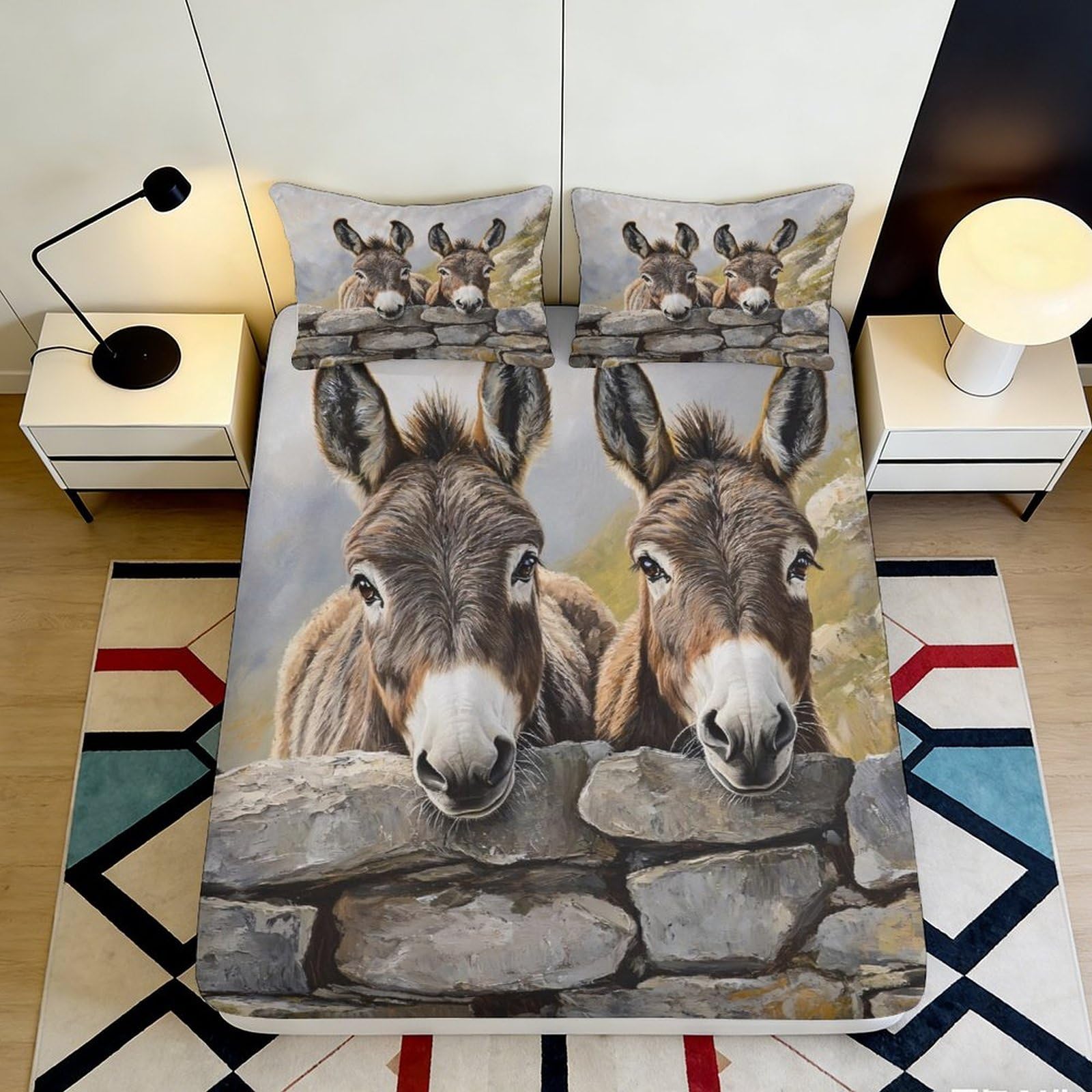 3D Printed Donkey Animal Fitted Sheet Microfiber Soft Breathable Donkey Stone Wall Mattress Cover for Bedroom Dormitory Guest Room Protection Decor 120x200x25cm