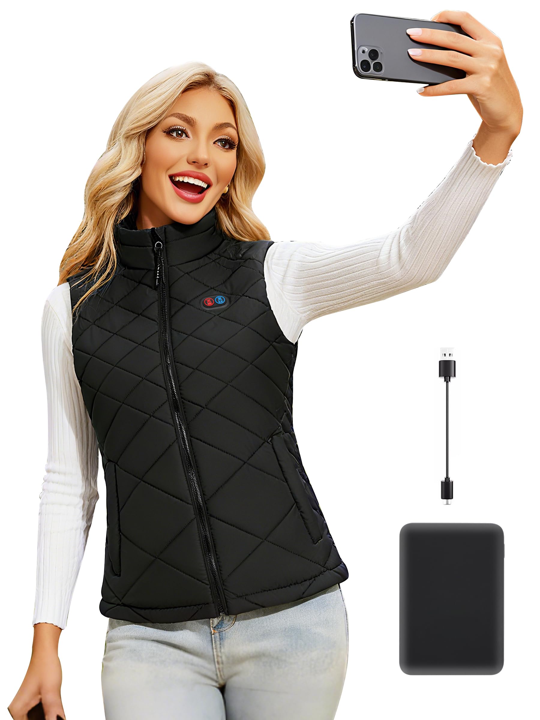 Vofuoti Heated Vest for Women,Heated Gilet with USB Electric Thermal Body Warmer,3 Heating Settings with Power Bank, Motorcycle,Outdoor, Skiing