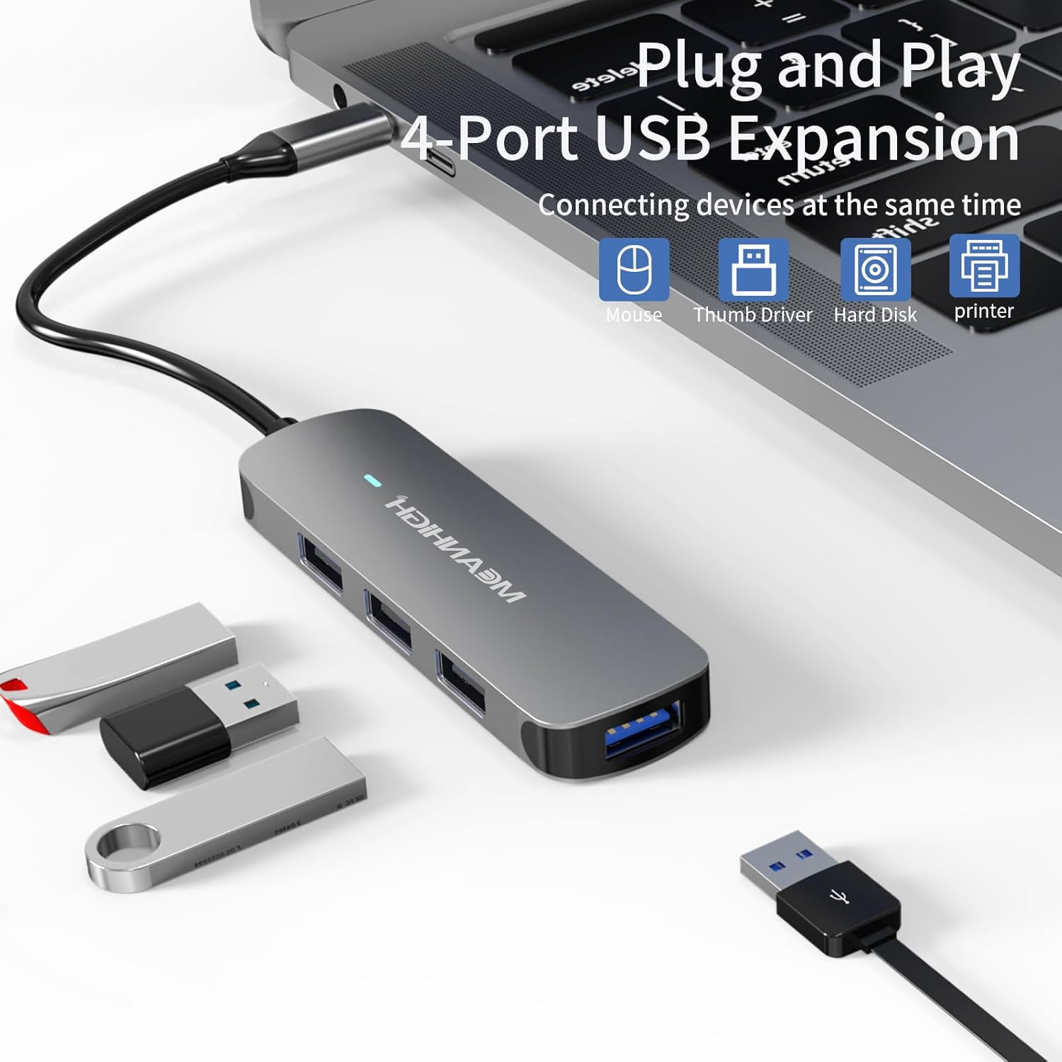 USB Hub, 4-Port Dongle with USB 3.0, USB 2.0, Multiple USB Port Expander for Laptop, MacBook, Surface Pro, XPS, PC, Flash Drive, Mobile HDD Chrome image 2 of 6 B09P5Z5B78