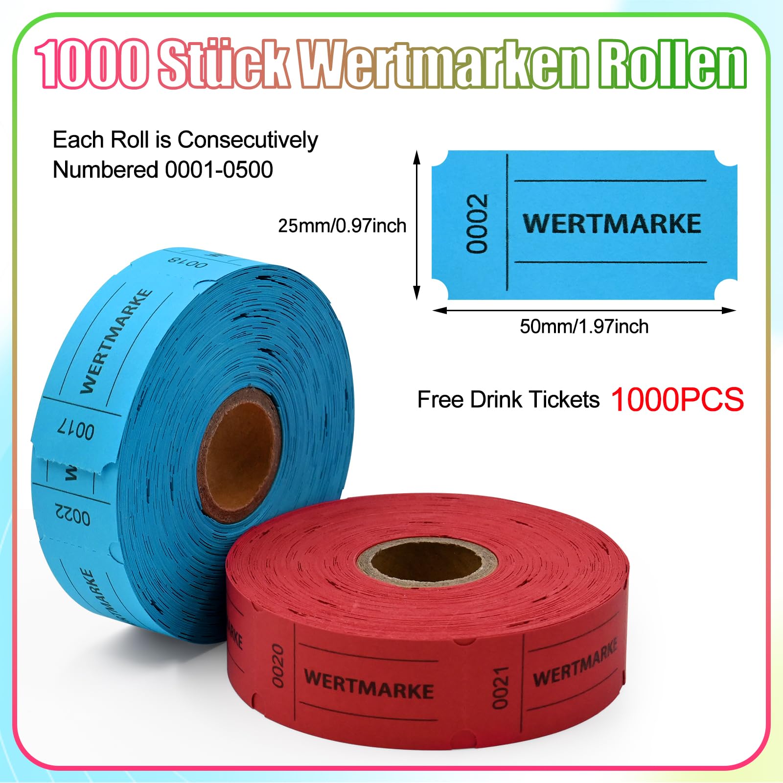 Ticket Tombola Numéroté 1000 Feuilles 50x50mm Déchirable Rouge Bleu