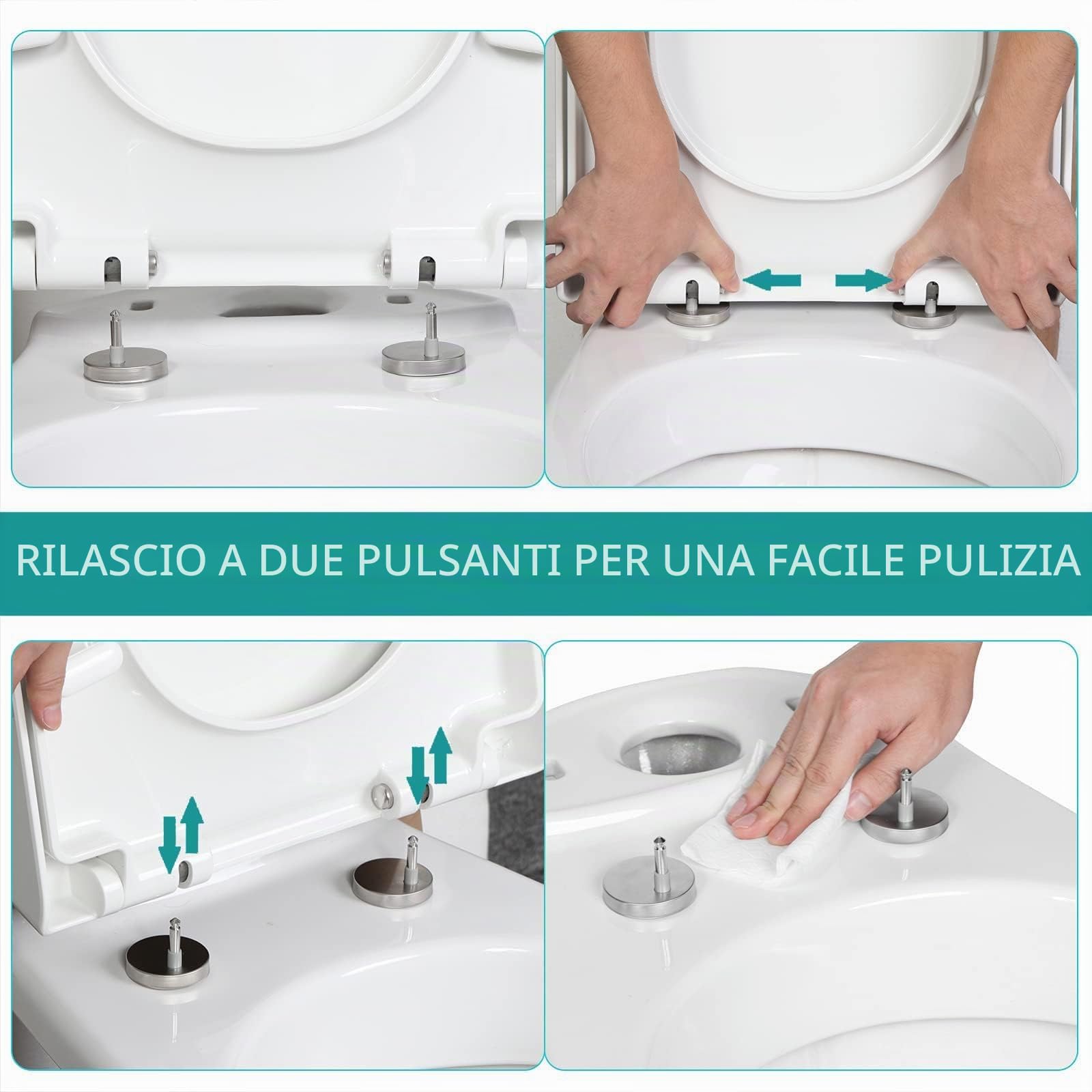 Sedile WC U Forma con Chiusura Rallentata, Tavoletta WC a Sgancio Rapido, Coperchio WC a Forma di D, Copriwater Universali con Cerniere Regolabili, Facile da Pulire, Bianco, PP,43x34cm