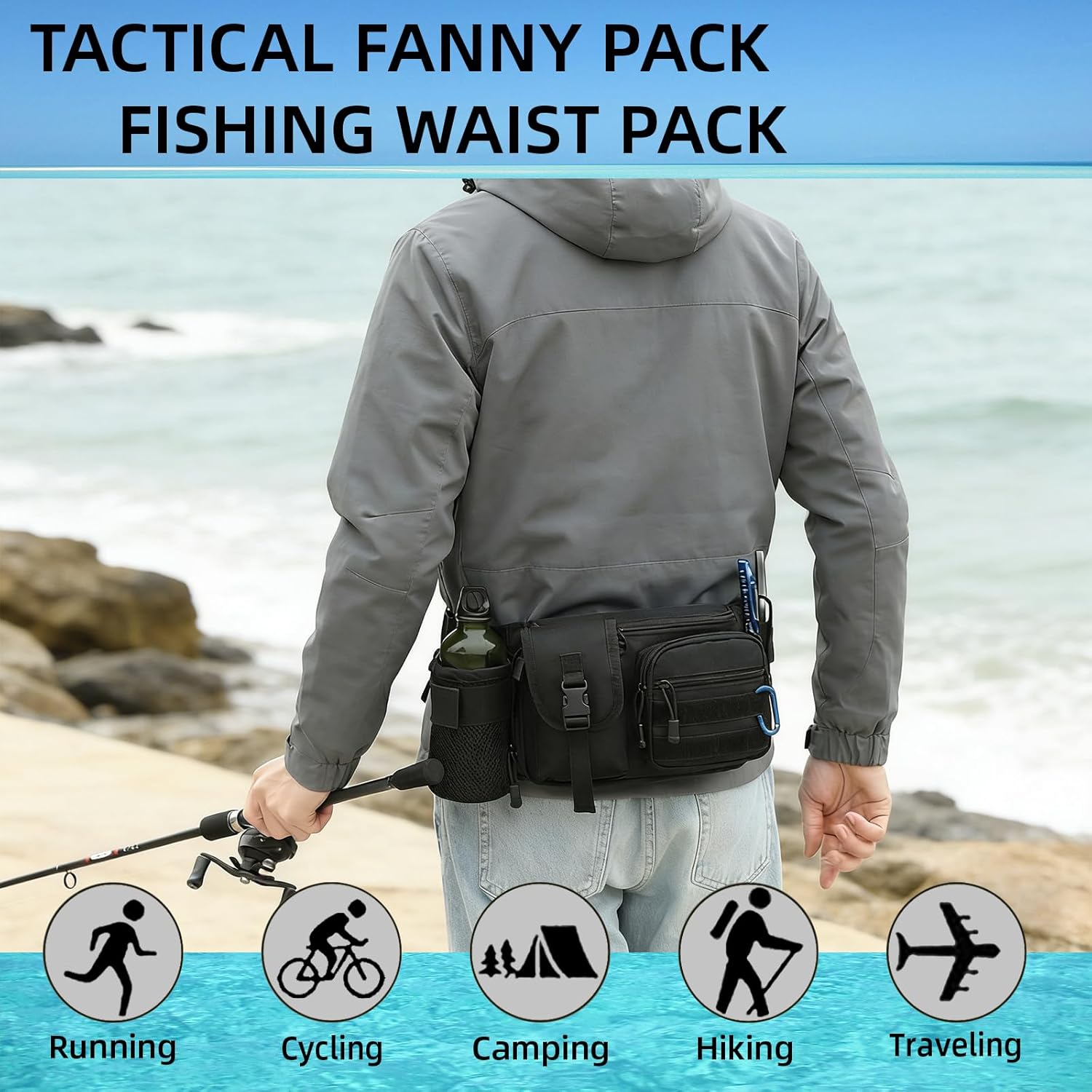 Tactical Fanny Pack For Men, Military Waist Bag Adjustable Hip Belt BumBag EDC Bags for Outdoor Fishing Hiking Hunting with Bottle Holder Pouch and US Flag Patch (Tan) - Image 7