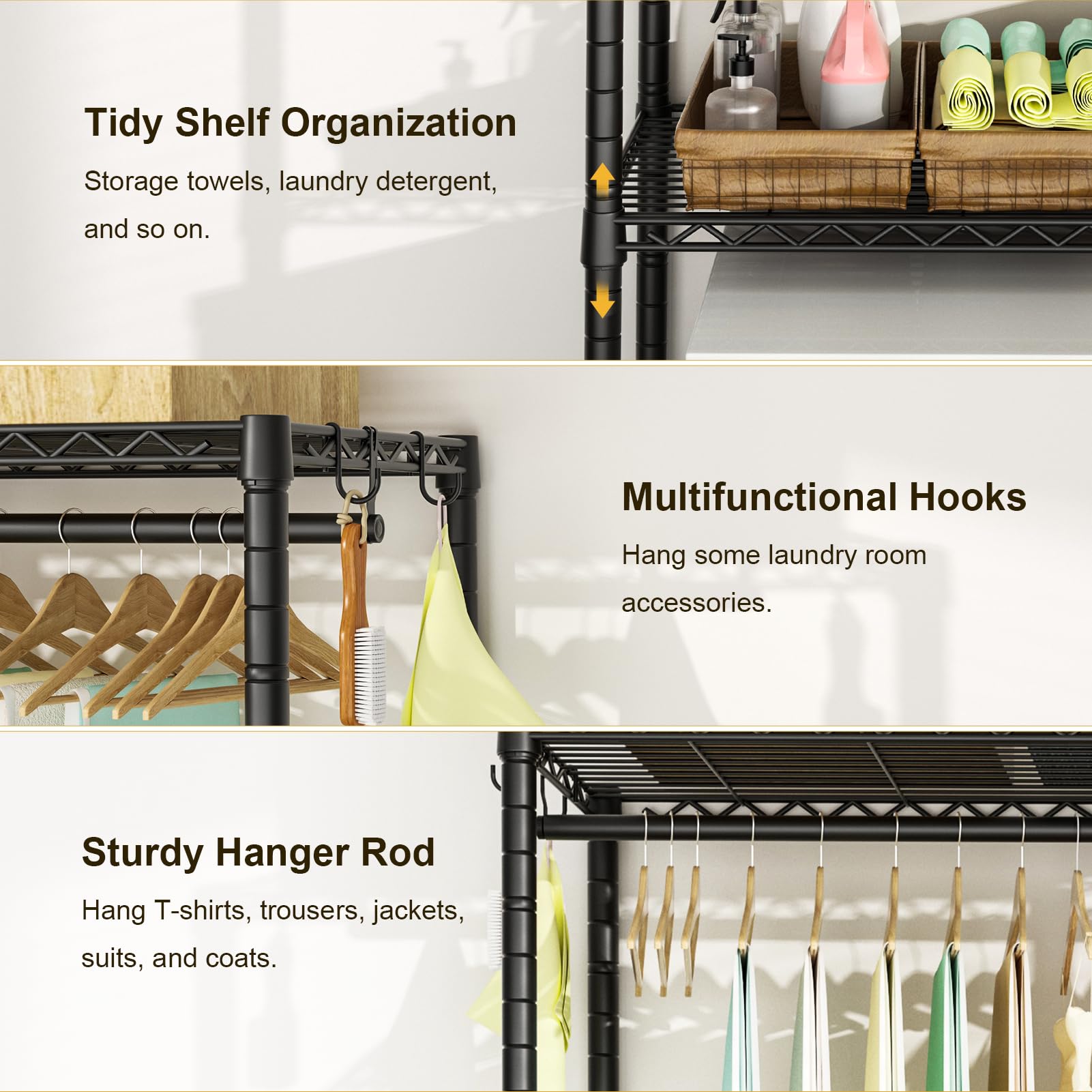 Ulif U10 Laundry Room Organization and Storage, Metal Over Washer and Dryer Shelves, Metal Freestanding Space Saver for Hanging Clothes and Towels, 65.2" W x 11.8" D x 77.2" H, Black