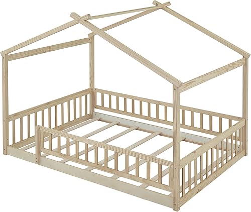 Miniatura 5 de Cama de casa de tamaño matrimonial con barandillas de valla, marco de cama de madera estilo Montessori para niños, divertidas camas de casa de