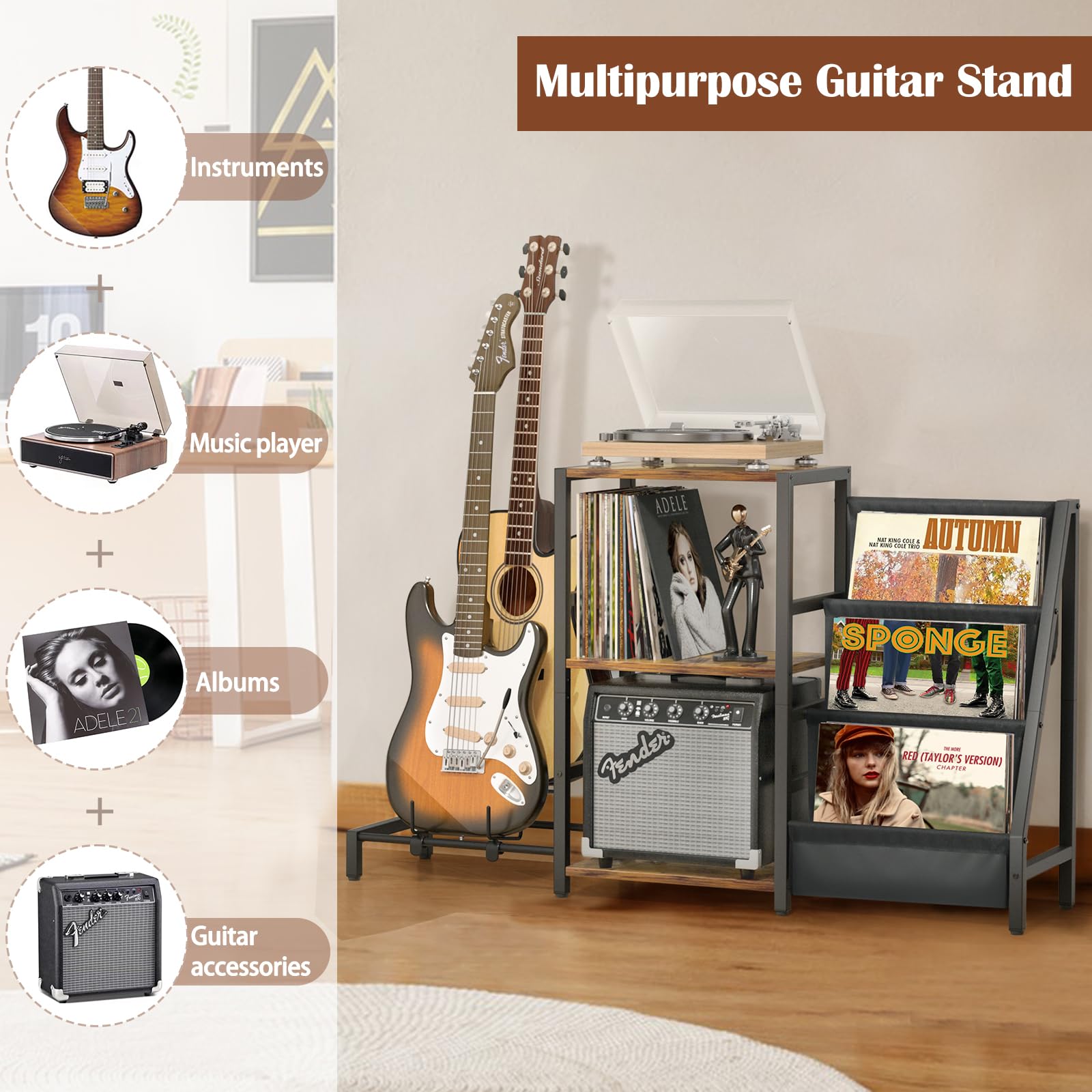 Bikoney Plattenspielerständer mit Gitarrenhalter, Gitarrenständer für Akustik, E-Gitarre, Bass, Gitarrenständer Mehrere Gitarren, Vinyl-Schallplattenständer, Gitarrenständer Boden für Studio