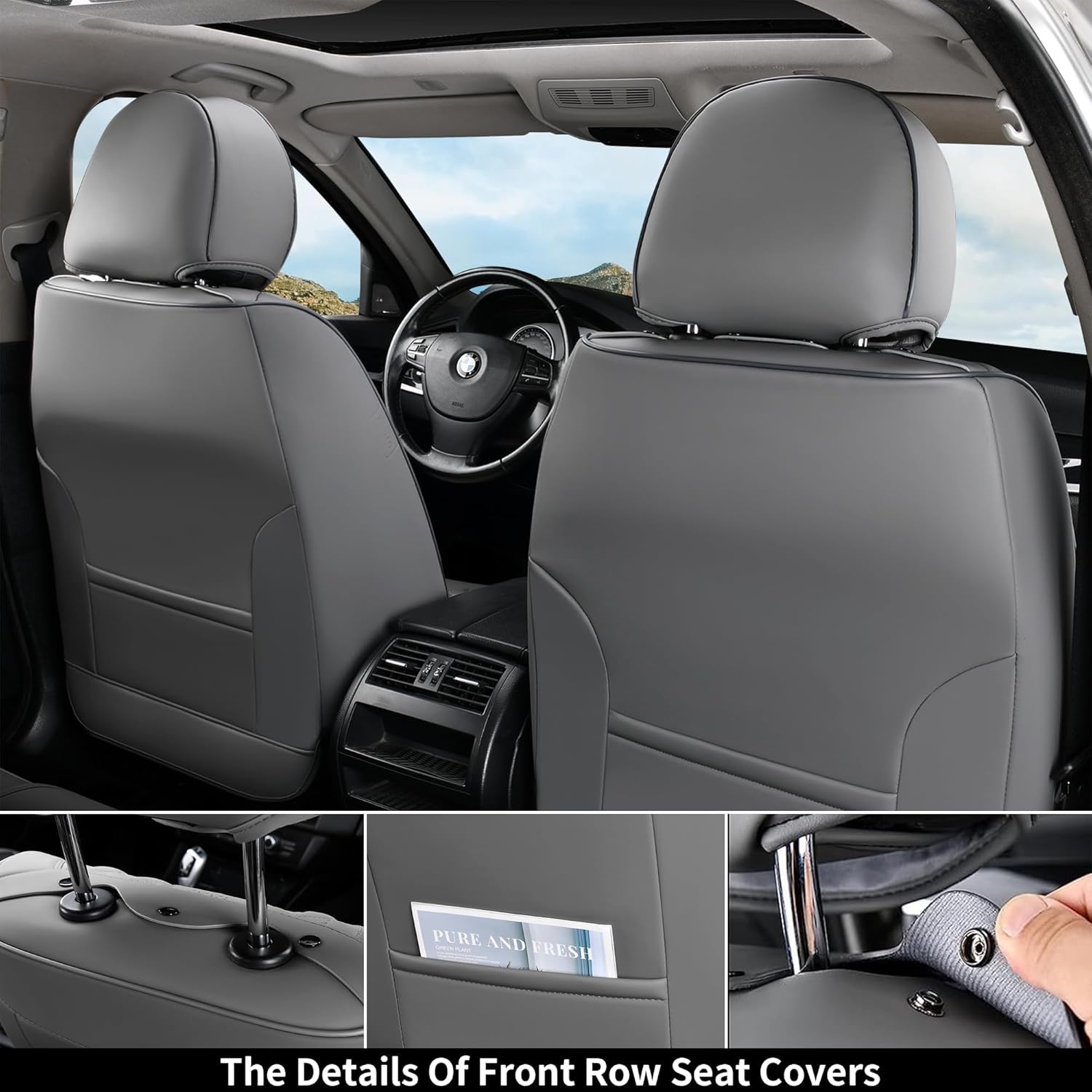 Coverado Front Seat Covers, Car Seat Cover, Gray Seat Covers for Cars, 2PCS Car Seat Protector,Waterproof Faux Leather Car Seat Cushion, Luxury Seat Cushions, Auto Seat Covers Fit for Most Vehicles gray Front