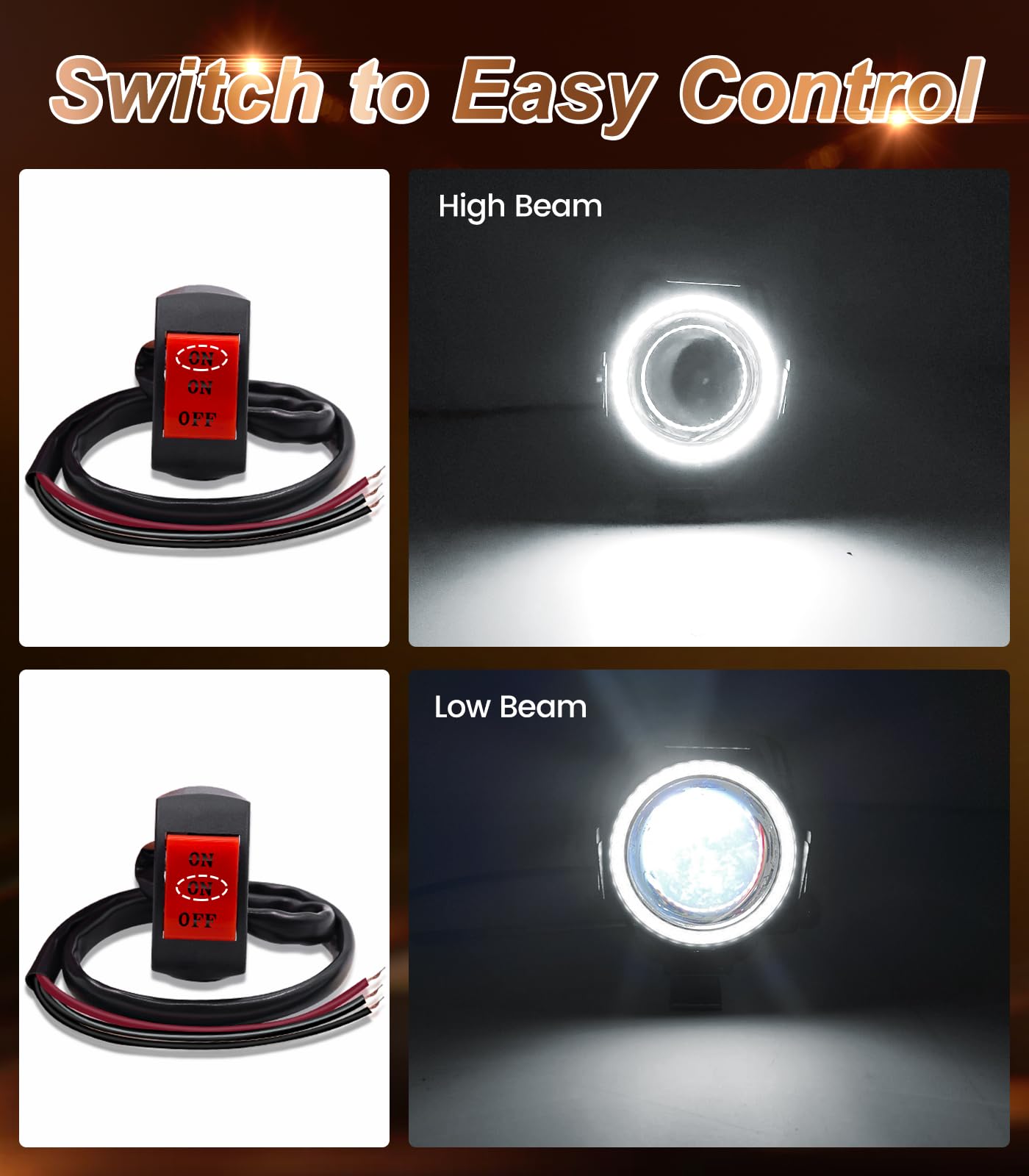 Phares LED Moto avec Blanc Halo Angel Eye, 2 Pièces avec Interrupteur