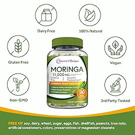 Doctor\'s Recipes Moringa 11,000 mg Strength, Complete Green Superfood, Natural Antioxidant Support, Non-GMO, 90 Vegan Caps, No Caffeine Soy Gluten