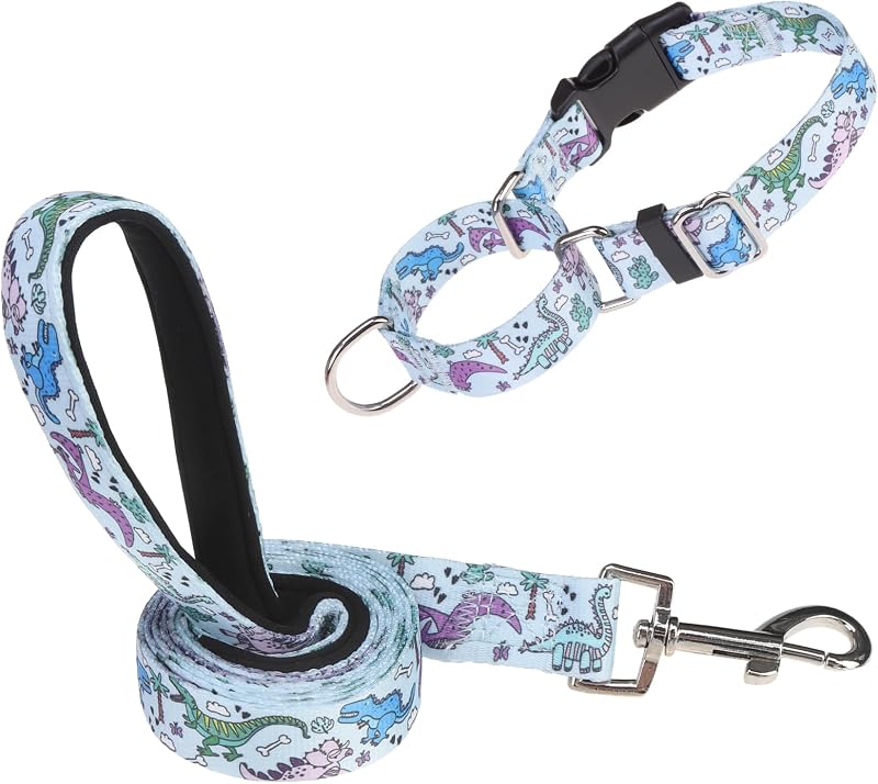 Coleira Martingale com Guia para Cães ESGPET Blue Dinosaur M