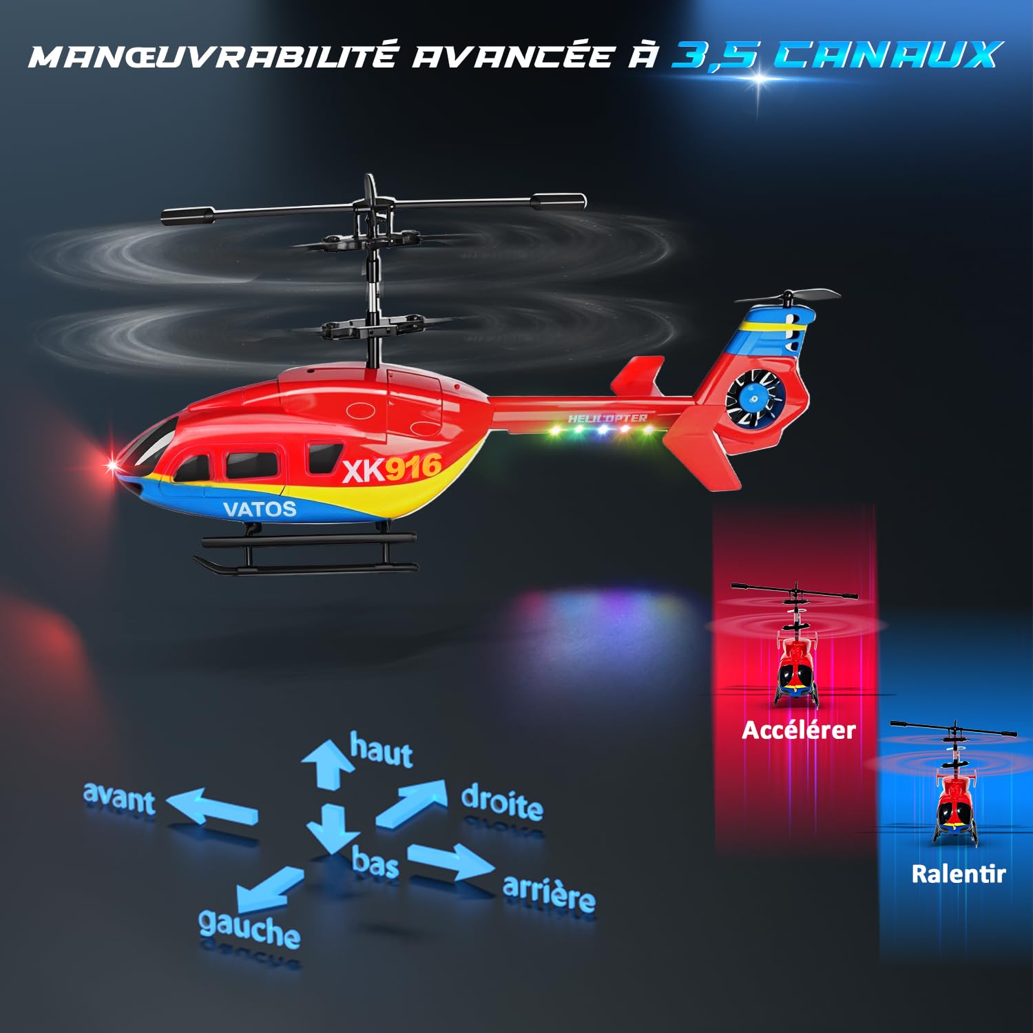 VATOS Hélicoptère télécommandé, 2.4GHz avec Gyroscope et lumière LED, 3.5 CH décollage et atterrissage par Une Seule Touche,Jouet d'intérieur pour Enfants et Adultes débutants âge 10+
