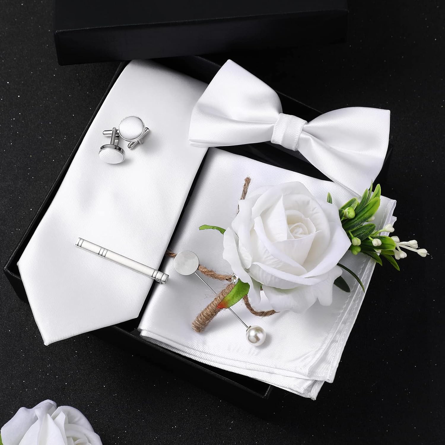 Boyiee 7 Pcs Bow Ties Set for Men Formal Satin Tied Bow Tie Boutonniere Gift for Wedding Men Prom