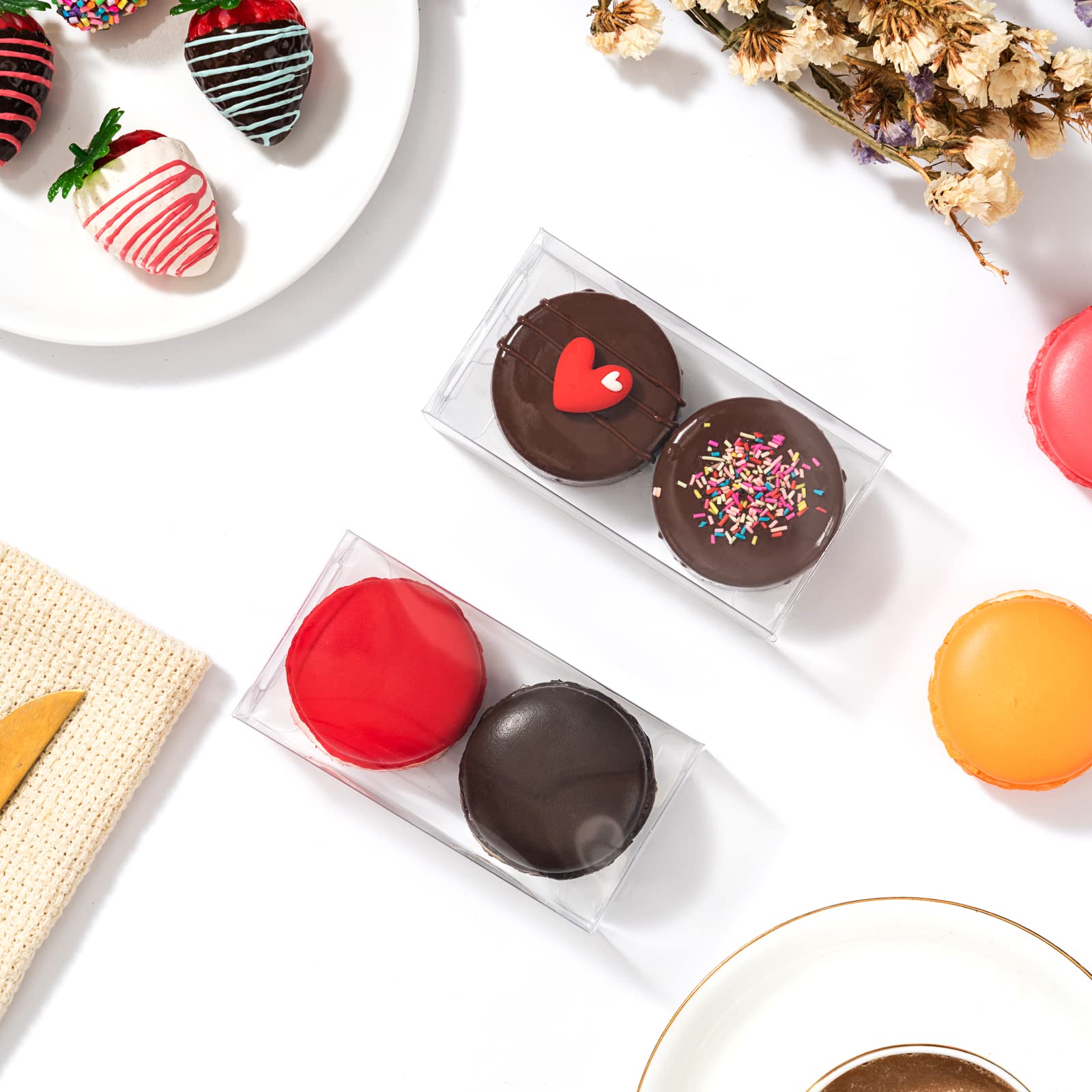 RomanticBaking Macaron-Boxen für 2 Mini-Leckerli-Boxen mit Schokoladenüberzug, Schokoladentrüffel, Broweine und Gebäck, 10,6 x 5,5 x 3,5 cm, 50 Stück