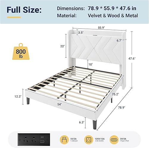 Miniatura 2 de Allewie Base de cama de plataforma de tamaño matrimonial con estación de carga y estante de almacenamiento, cabecera tapizada de terciopelo con
