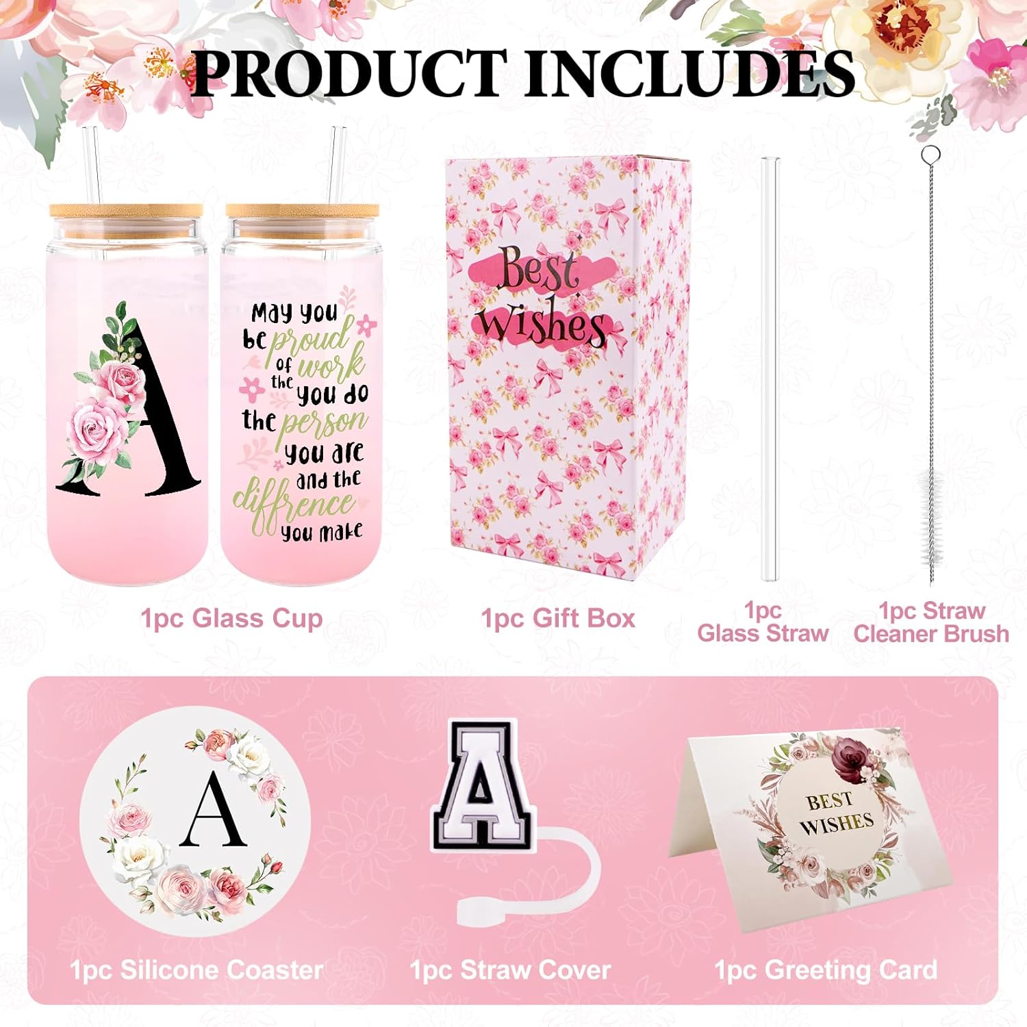 Initial Glass Cups with Lids and Straws, Personalized Gifts for Women, Iced Coffee Cup Glass Tumbler, Birthday Bridesmaid Proposal Inspirational Customized Gifts for Her Girls (A) - Image 4