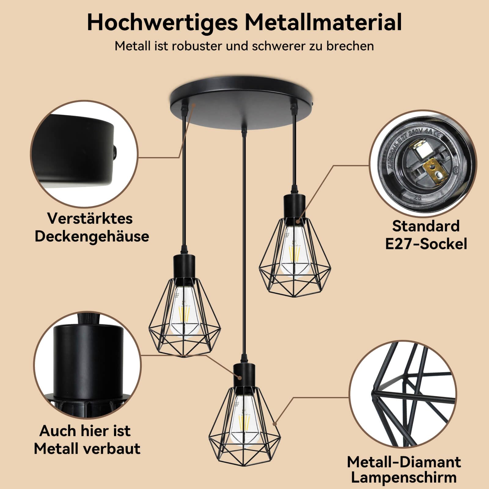 HiBay Hängelampe Esstisch E27 Pendelleuchte Vintage Küchenlampe Hängend 3 Flammig Esszimmerlampe Schwarz Hängeleuchte für Flur Wohnzimmer Schlafzimmer Max. 60W Ohne Leuchtmittel