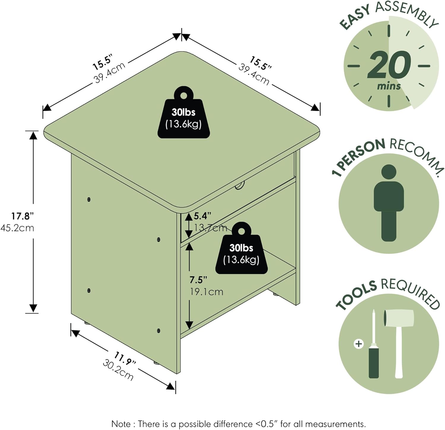 Furinno Modern Side Table, Square End Table with Storage Bin, Round Corner Night Stand, Bedside Table with Storage Shelf, for Living Room, Bedroom, Amber Oak