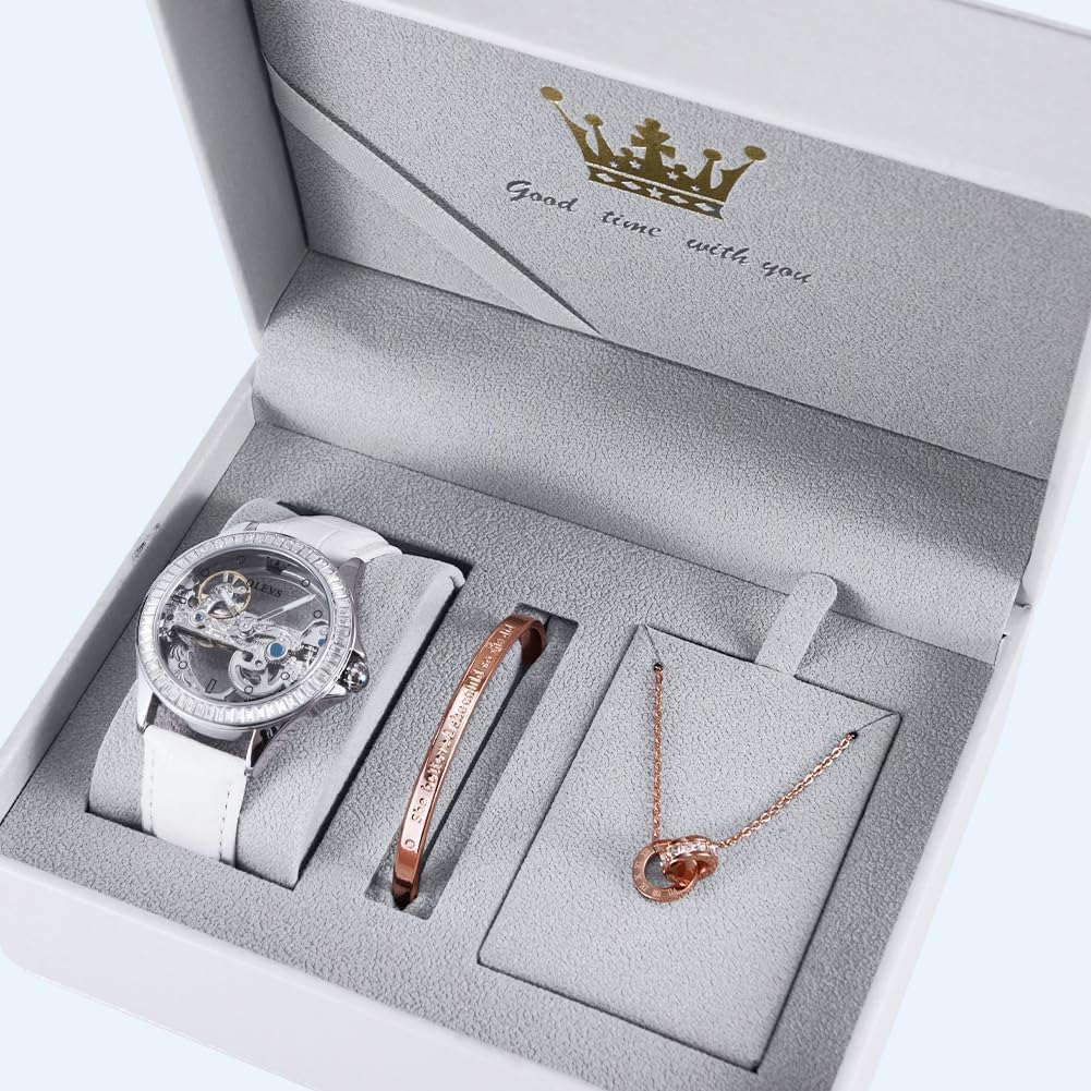 OLEVS Women Watch Skeleton Set Automatic Mechanical Silver Luxury Dress Waterproof Luminous Lady Watch Gift Set - Image 4