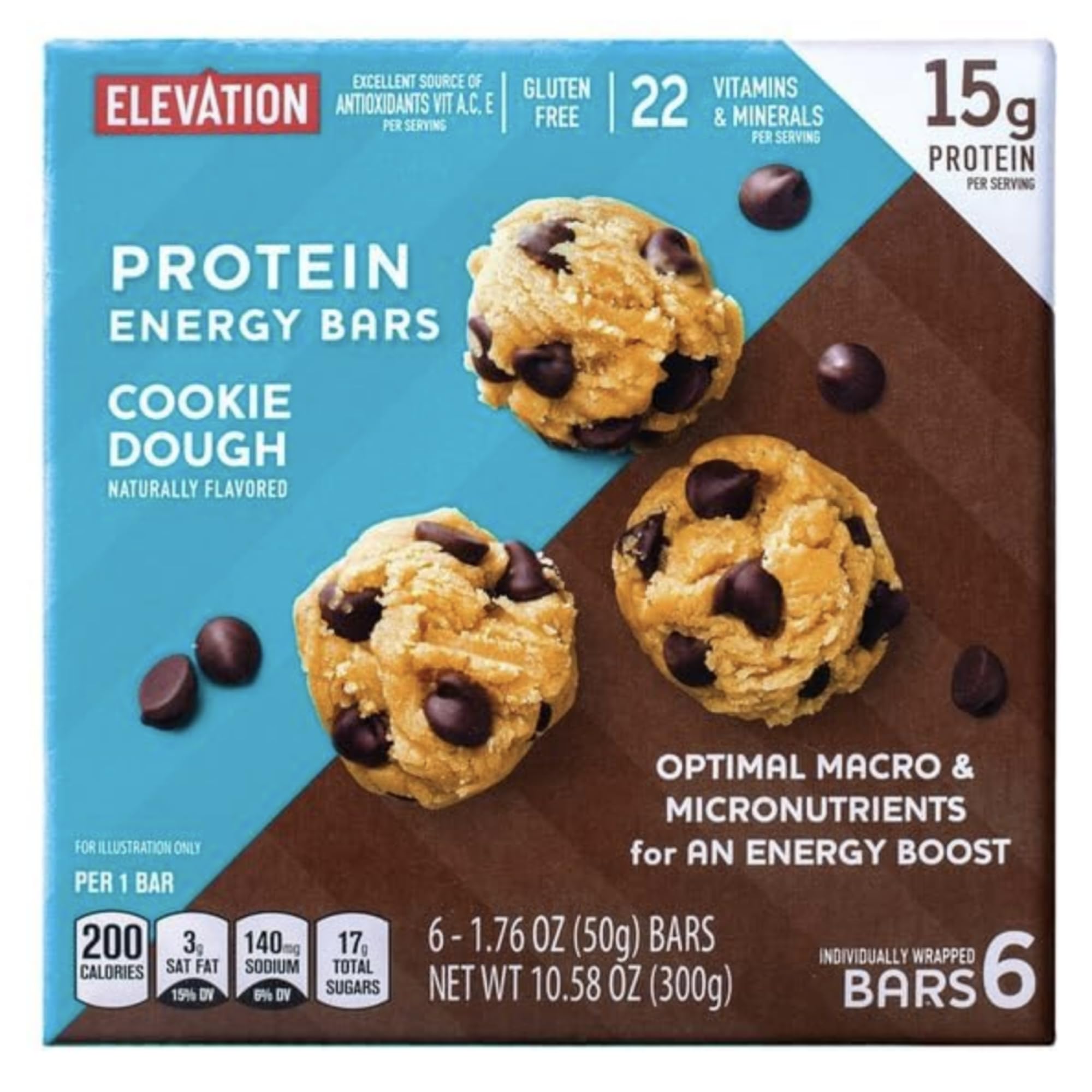 Generic Elevation Cookie Dough Protein Meal Bar, Gluten Free, 6 Bars, Optimal Macros & Nutrients, 15g protein, 22 key vitamins
