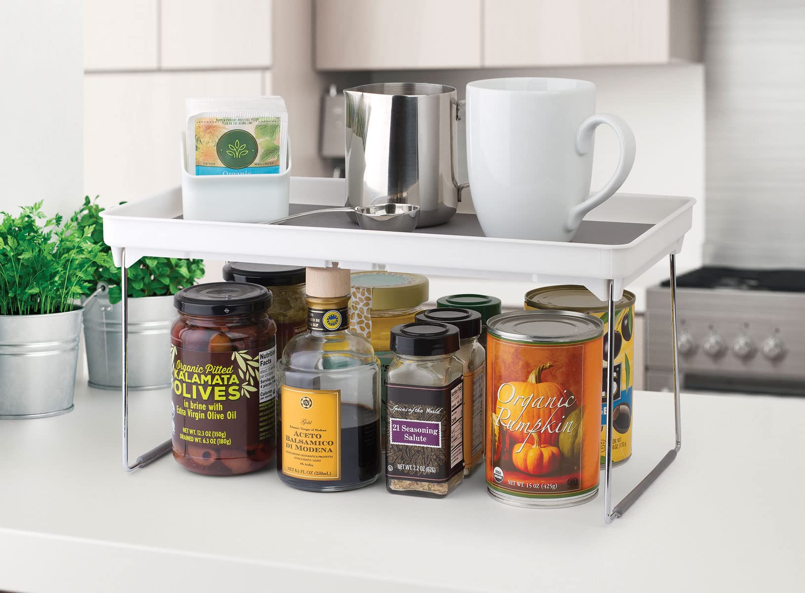 Perfect Life Ideas Folding Tray Cupboard Shelf Riser that Fits Most Kitchens - Cabinet Storage Shelf Rack - Kitchen Cabinet Organizer Shelf to Maximize Your Space