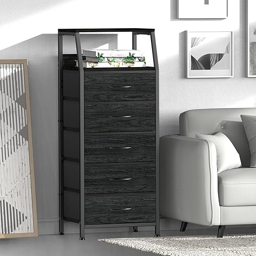 Miniatura 2 de Cómoda negra para dormitorio, organizador de almacenamiento con 5 cajones, torre de almacenamiento vertical de tela, unidades de armario de ropa