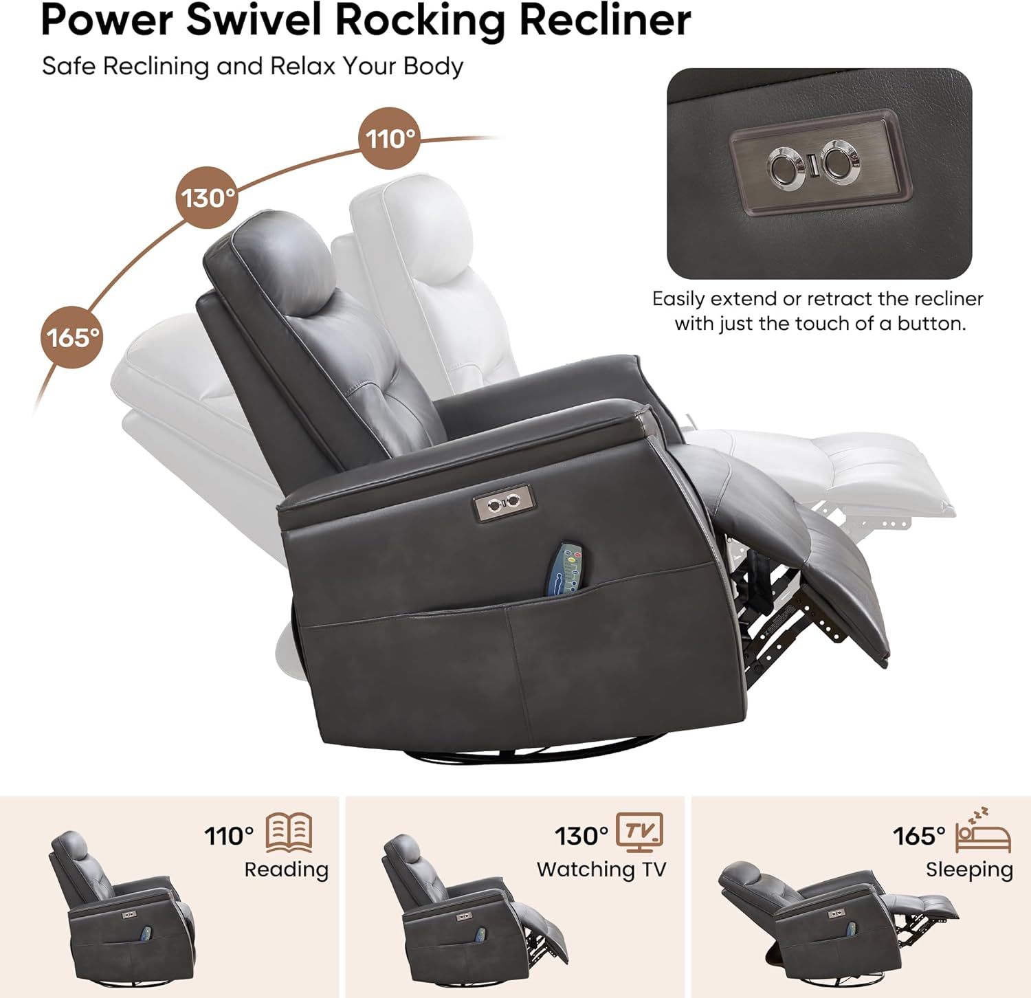 Recliner Chair, Faux Leather Power Rocker Recliner Massage and Heat, Oversized Swivel Glider Nursery Chair with USB Ports for Living Room, Grey