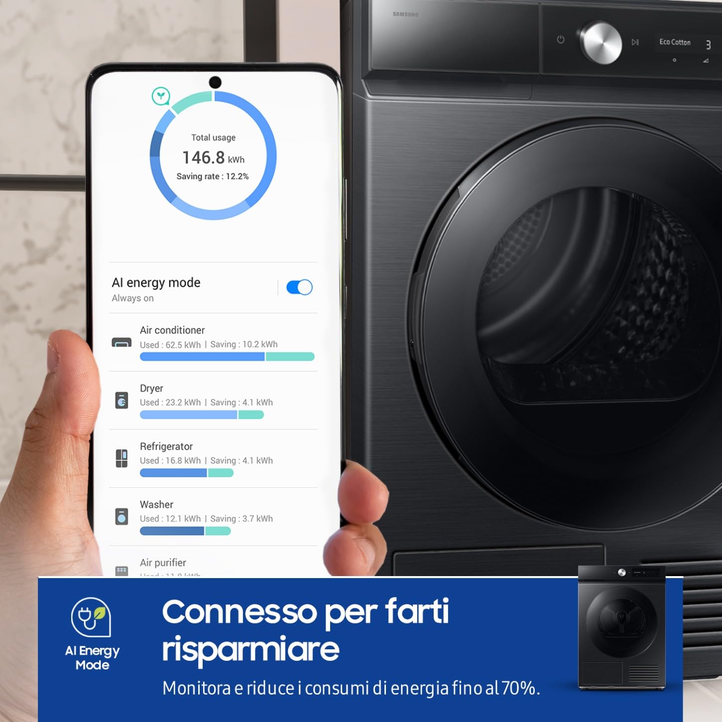 Samsung Asciugatrice Bespoke AI F-DT90DB78GB3M, 9 kg, Pompa di Calore, Wifi, QuickDrive, AI Dry, Hygine Dry, Carica Frontale, 3 Mesi Garanzia Extra, 60L x 85H x 60P cm