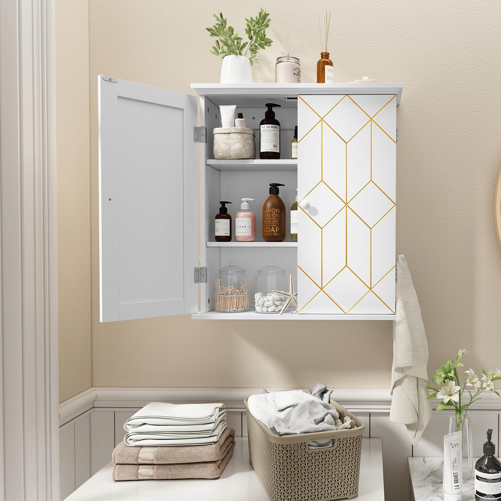 HOLTICO Armoire à pharmacie suspendue - Armoire murale de salle de bain - Armoire murale avec étagère réglable - Blanc - Armoire autonome pour cuisine, salle de bain, chambre à coucher