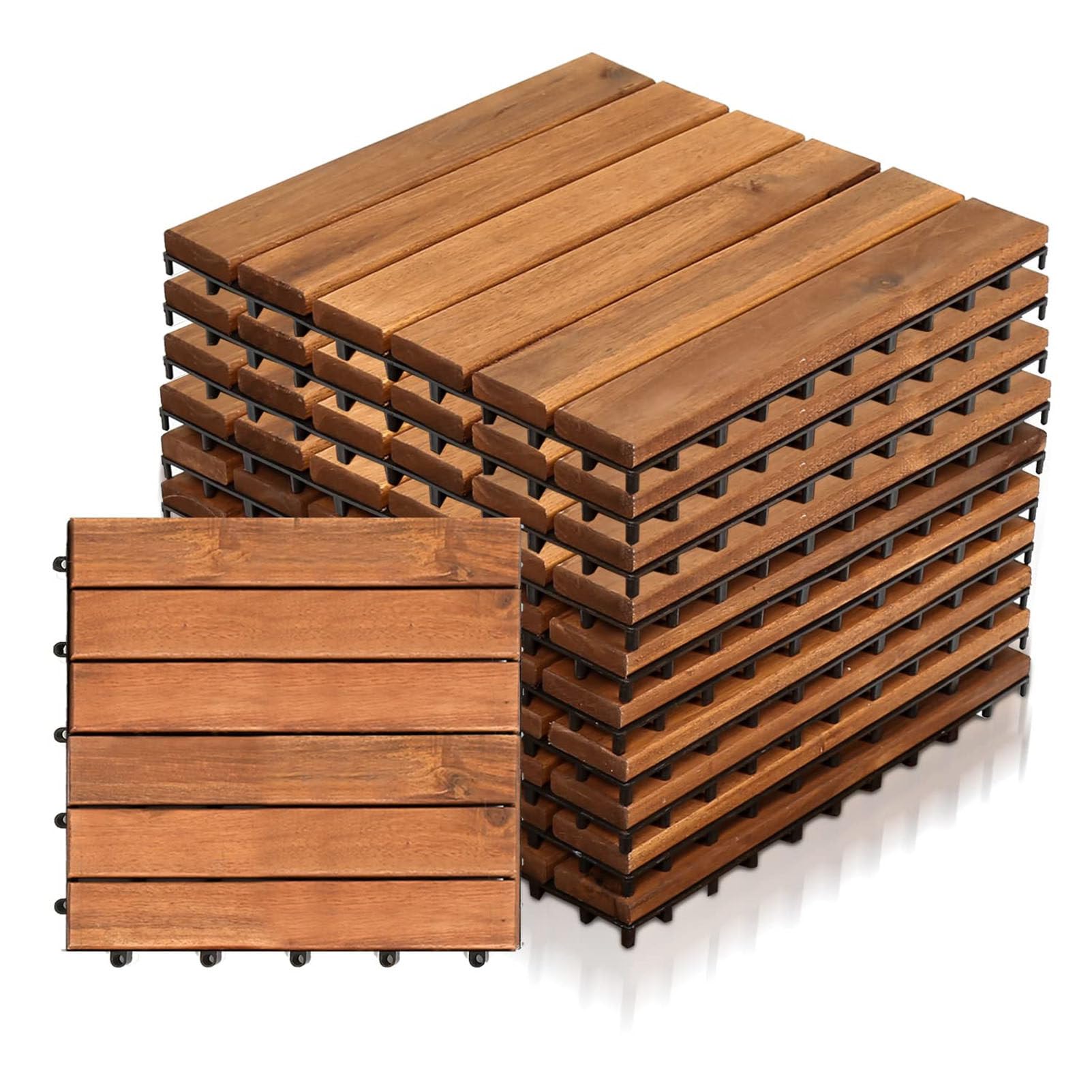 Piastrelle per pavimentazione in legno di acacia con base in PE 6-Slat-9pc | 30x30 cm – Pavimentazione a incastro per esterni; antiscivolo, resistente agli agenti atmosferici e facile da installare