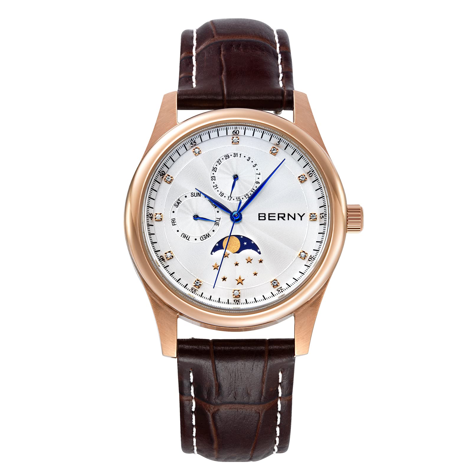 BERNY Orologi Multifunzione per Donna Impermeabili Orologi Donna con Cinturino In Vera Pelle Moda Donna Sub-dail con Calendario Moon Phase