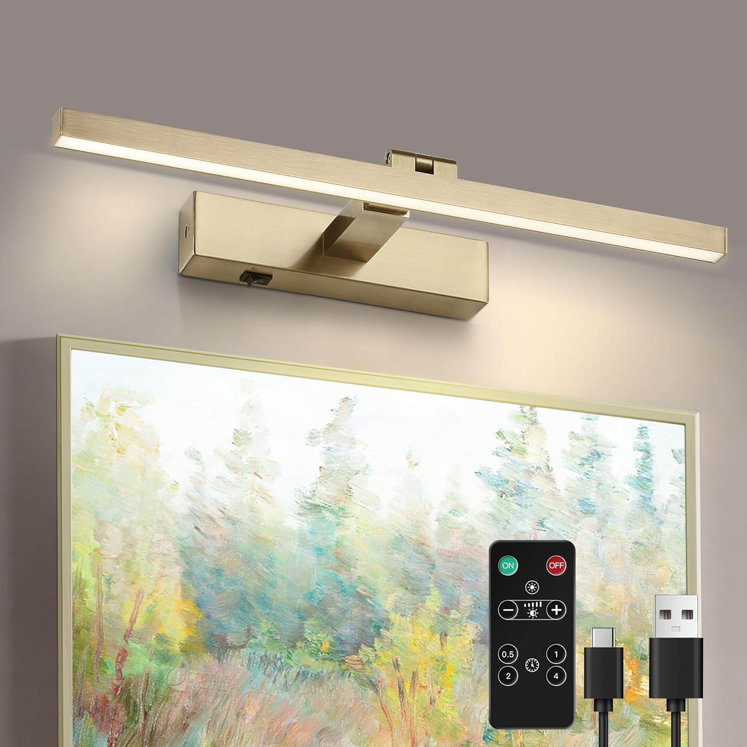 Picture Lights for Wall Antique Brass Dimmable Wireless Picture Lights for Paintings LED Wall Light Fixtures Adjustable Wall Sconce with Remote (Antique Brass, 20inch) 3000K 20‘’ Antique Brass