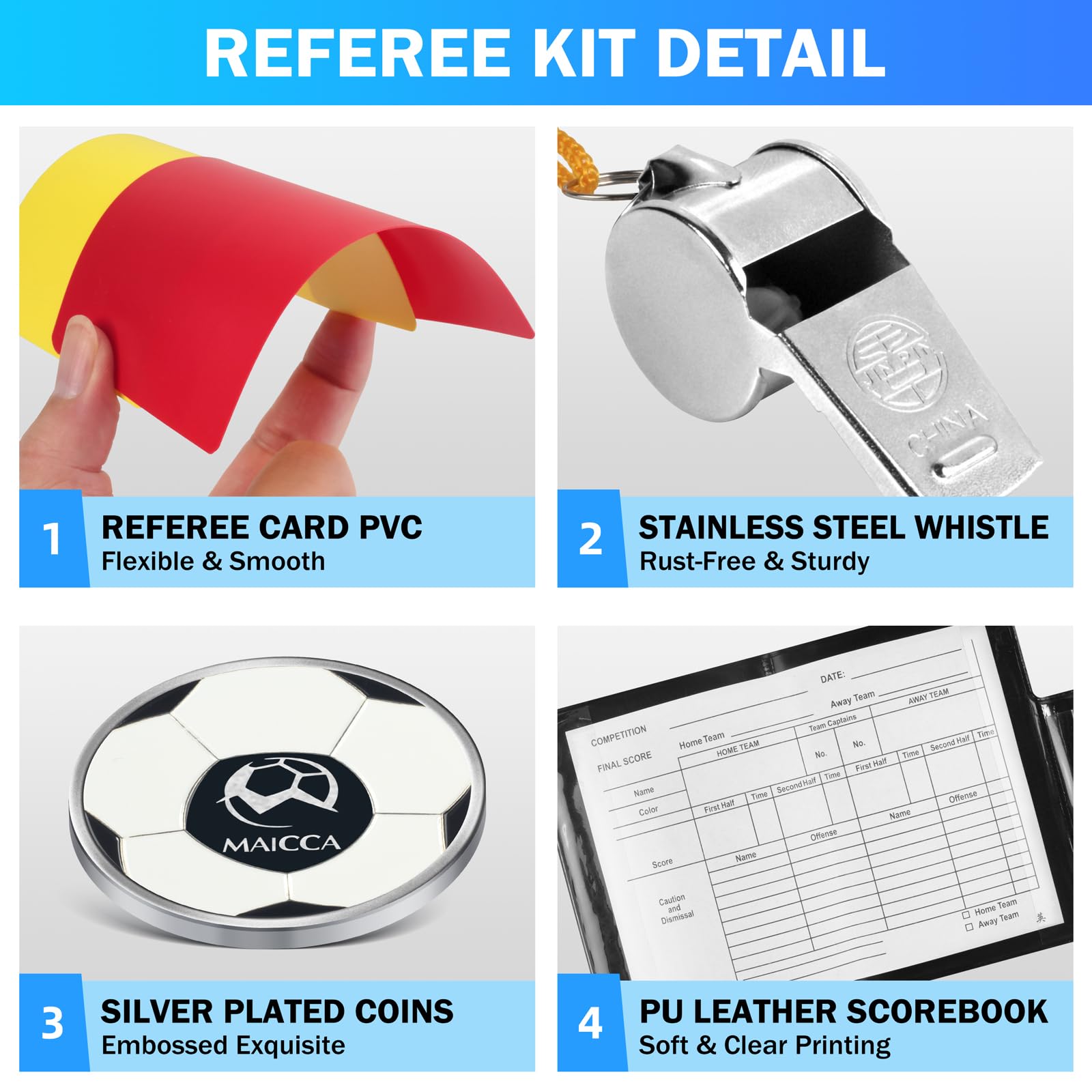 Kit Arbitre Football - Cartons Rouge/jaune, Sifflet Métal, Pièce De Tirage Au Sort, Carnet - Pour Matchs Et Compétitions