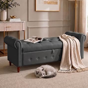 63 Ottoman Storage Bench, Upholstered Bed Bench Dark Grey | polyester fabric, high-density sponge storage bench, button tufted design, wood legs, easy to clean
