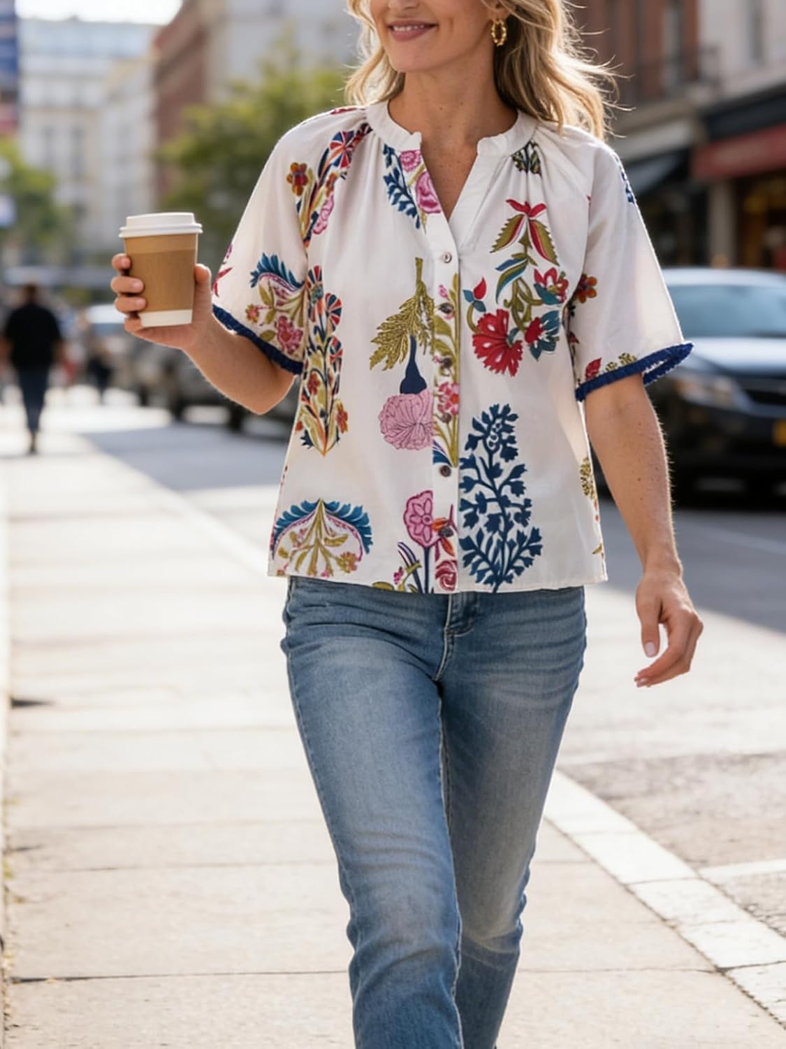 Yousify Button Down Shirts for Women Short Sleeve Boho Tops V Neck Dressy Blouses Summer Casual Outfits - Image 6