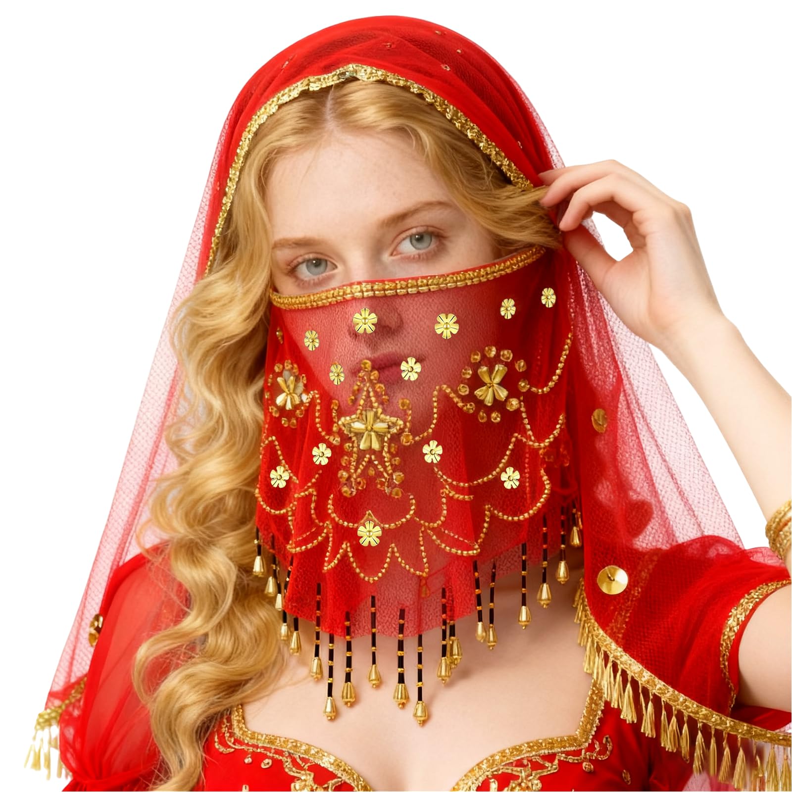 Baisdan Women's Red Belly Dance Face Veil With Beads Sequins Cosplay Halloween Carnival Costume Accessory